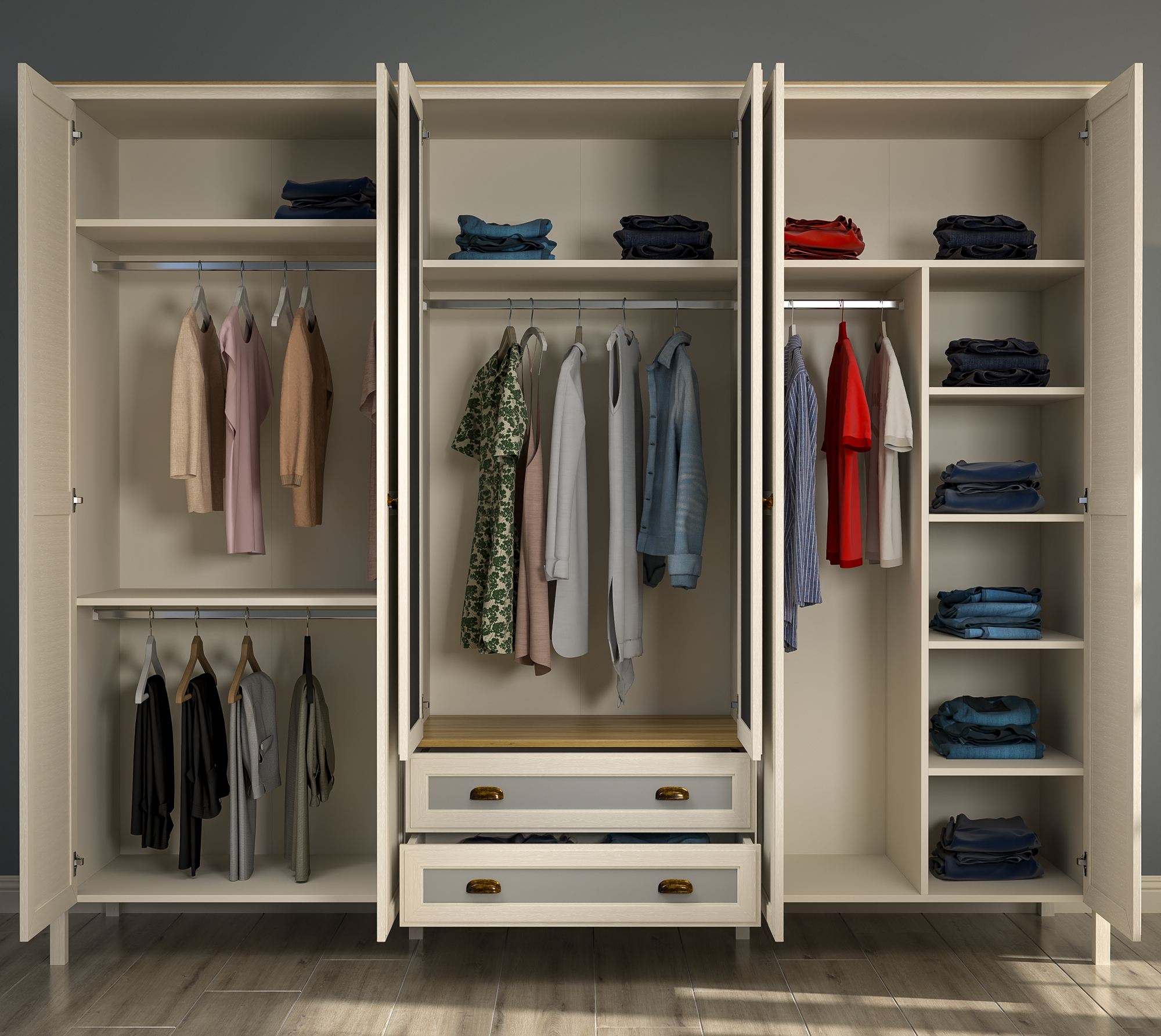 Roupeiro Moderno de 272cm com Múltiplas Prateleiras - Disponível em Creme, Carvalho e Cinzento