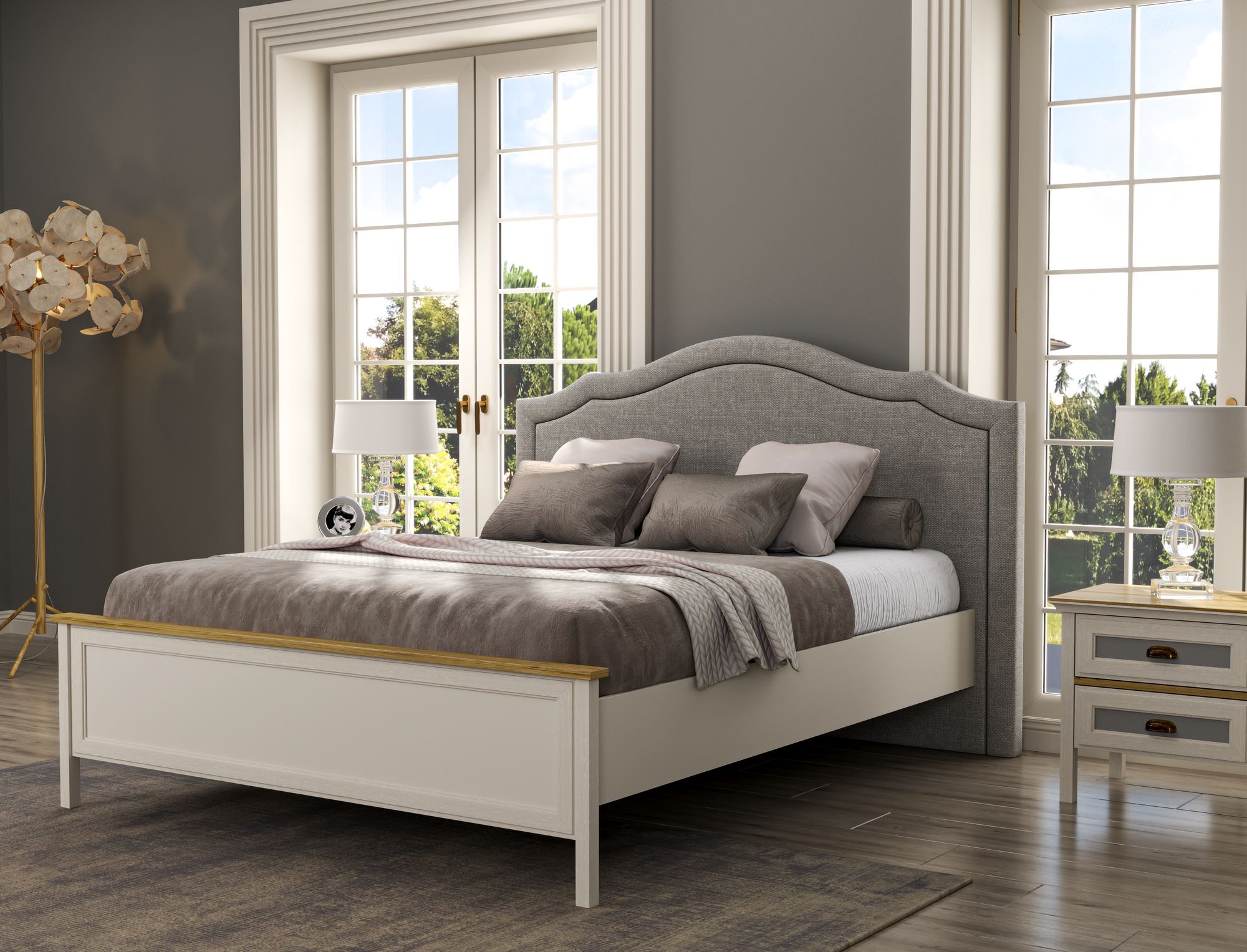 Cama de Casal com Arrumação Integrada - Design Moderno em Carvalho, Creme ou Cinzento com Múltiplas Prateleiras