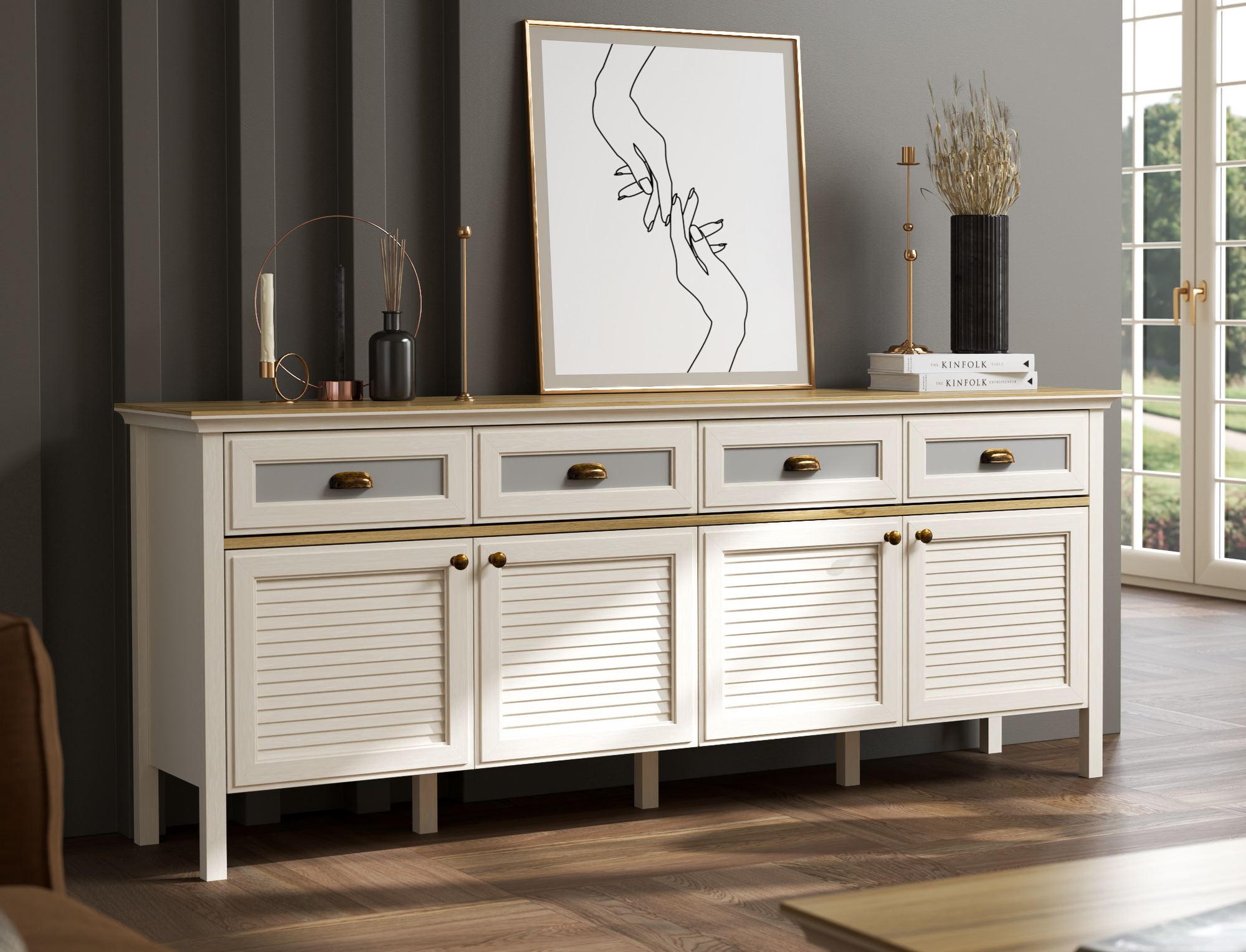 Consola Moderna em Carvalho com 3 Cores Disponíveis - 200cm de Largura com Múltiplas Prateleiras e Fixação à Parede