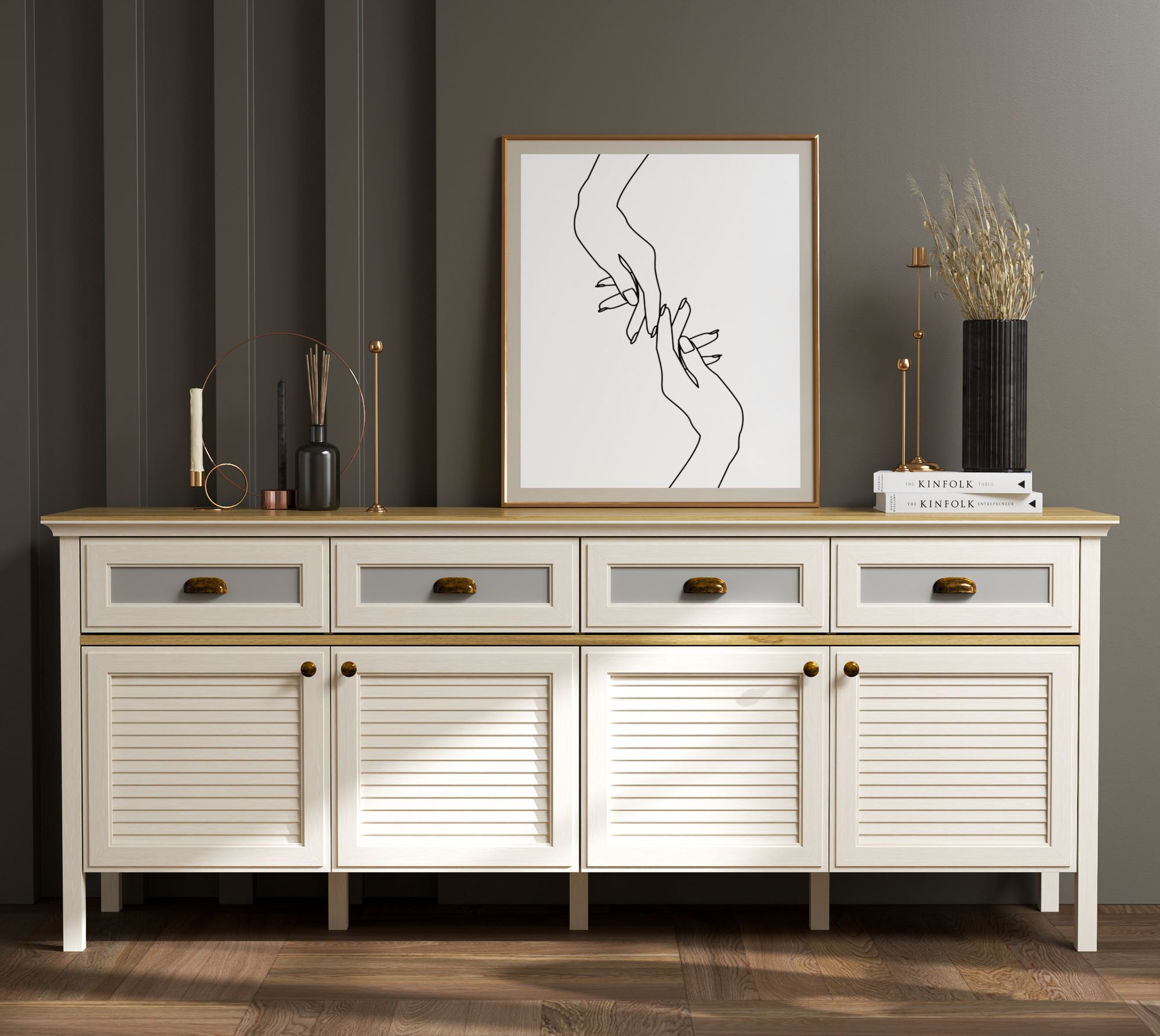 Consola Moderna em Carvalho com 3 Cores Disponíveis - 200cm de Largura com Múltiplas Prateleiras e Fixação à Parede