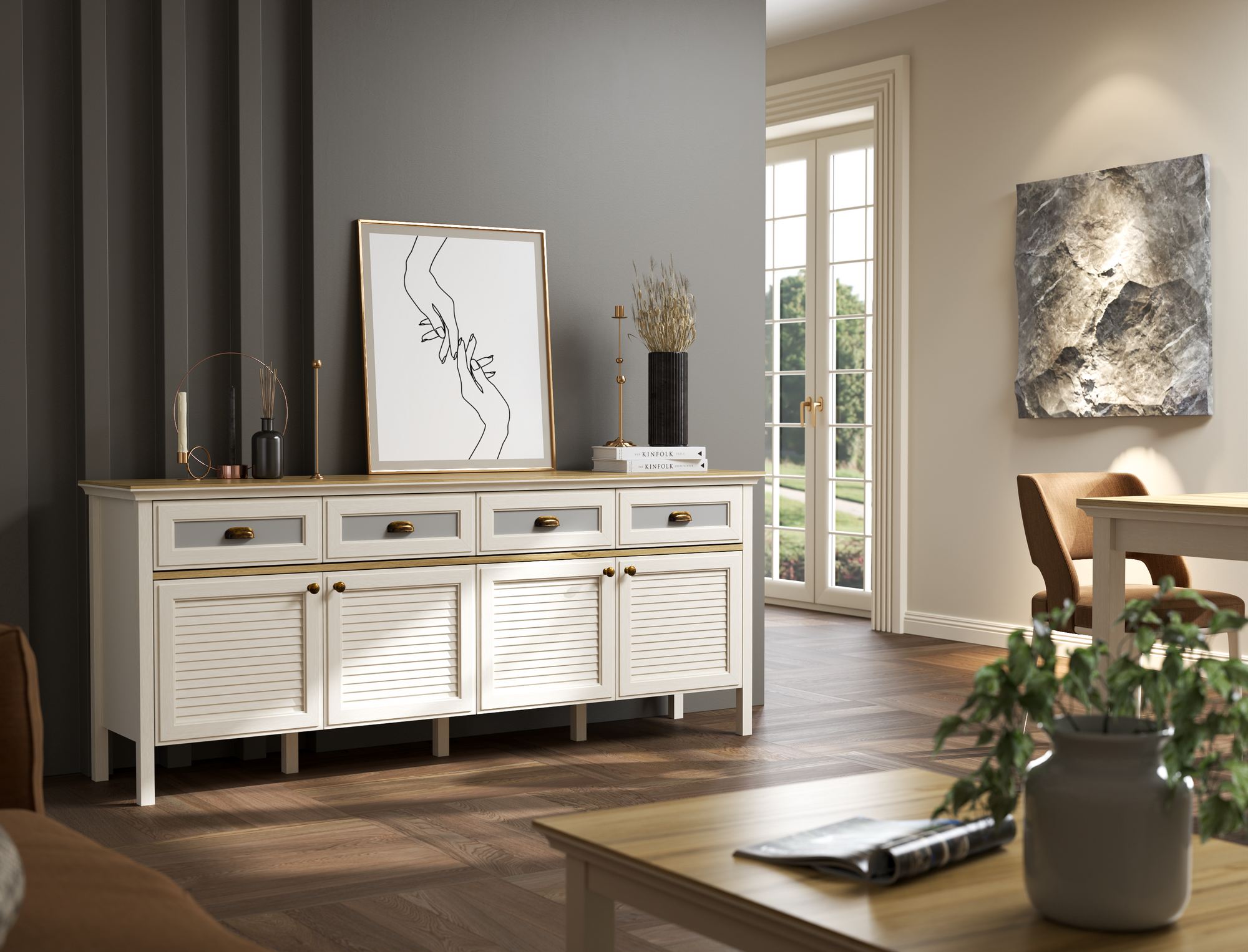 Consola Moderna em Carvalho com 3 Cores Disponíveis - 200cm de Largura com Múltiplas Prateleiras e Fixação à Parede