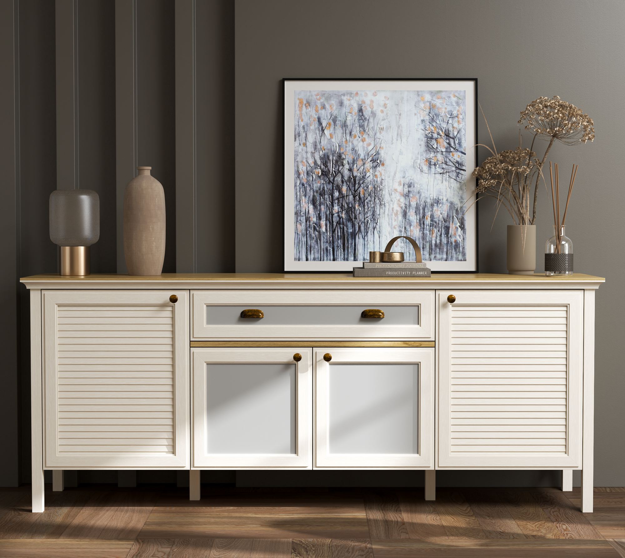 Consola Moderna de Carvalho com 3 Cores Disponíveis - 201cm de Largura com Múltiplas Prateleiras e Fixação de Parede