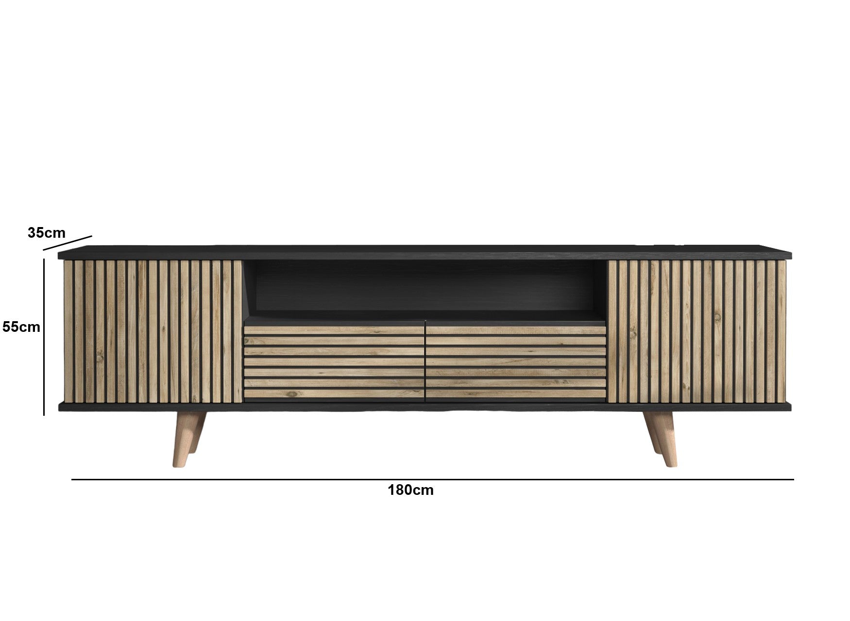 Móvel de TV – 180 cm x 55 cm x 35 cm – Preto, Madeira, Pinho Atlântico – Aglomerado