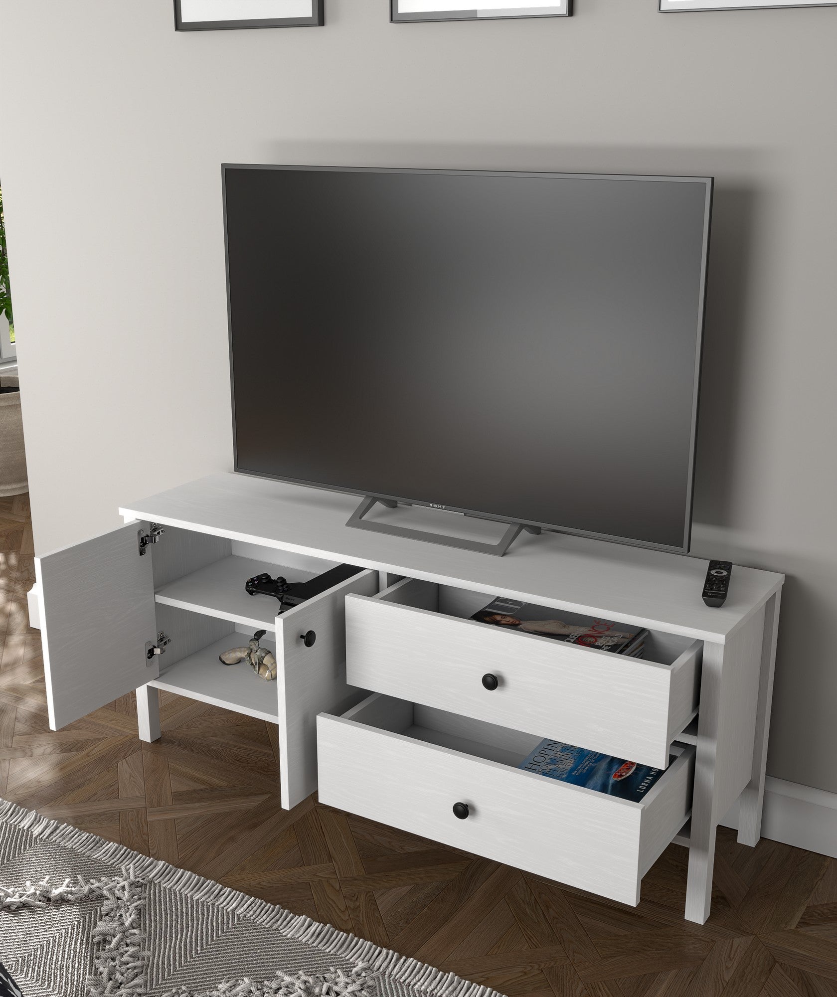 Móvel de TV – 140cm x 58cm x 35cm – Branco – Aglomerado revestido de melamina