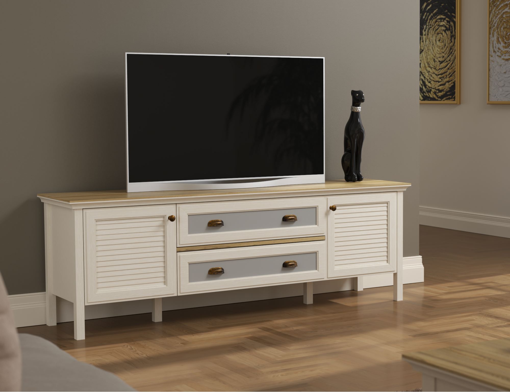 Móvel TV 180cm com Pernas e Prateleiras - Disponível em Creme, Carvalho e Cinzento