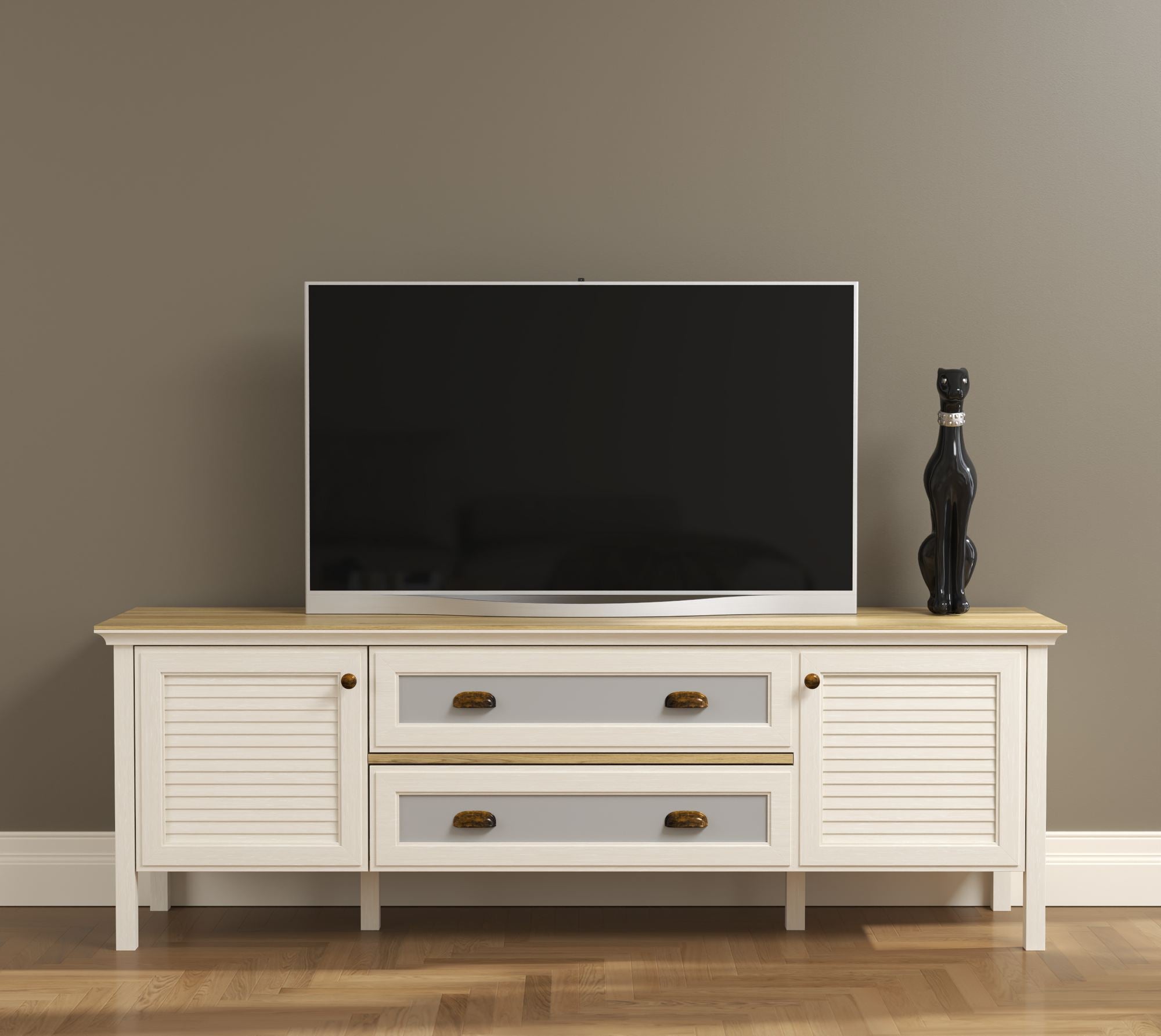 Móvel TV 180cm com Pernas e Prateleiras - Disponível em Creme, Carvalho e Cinzento