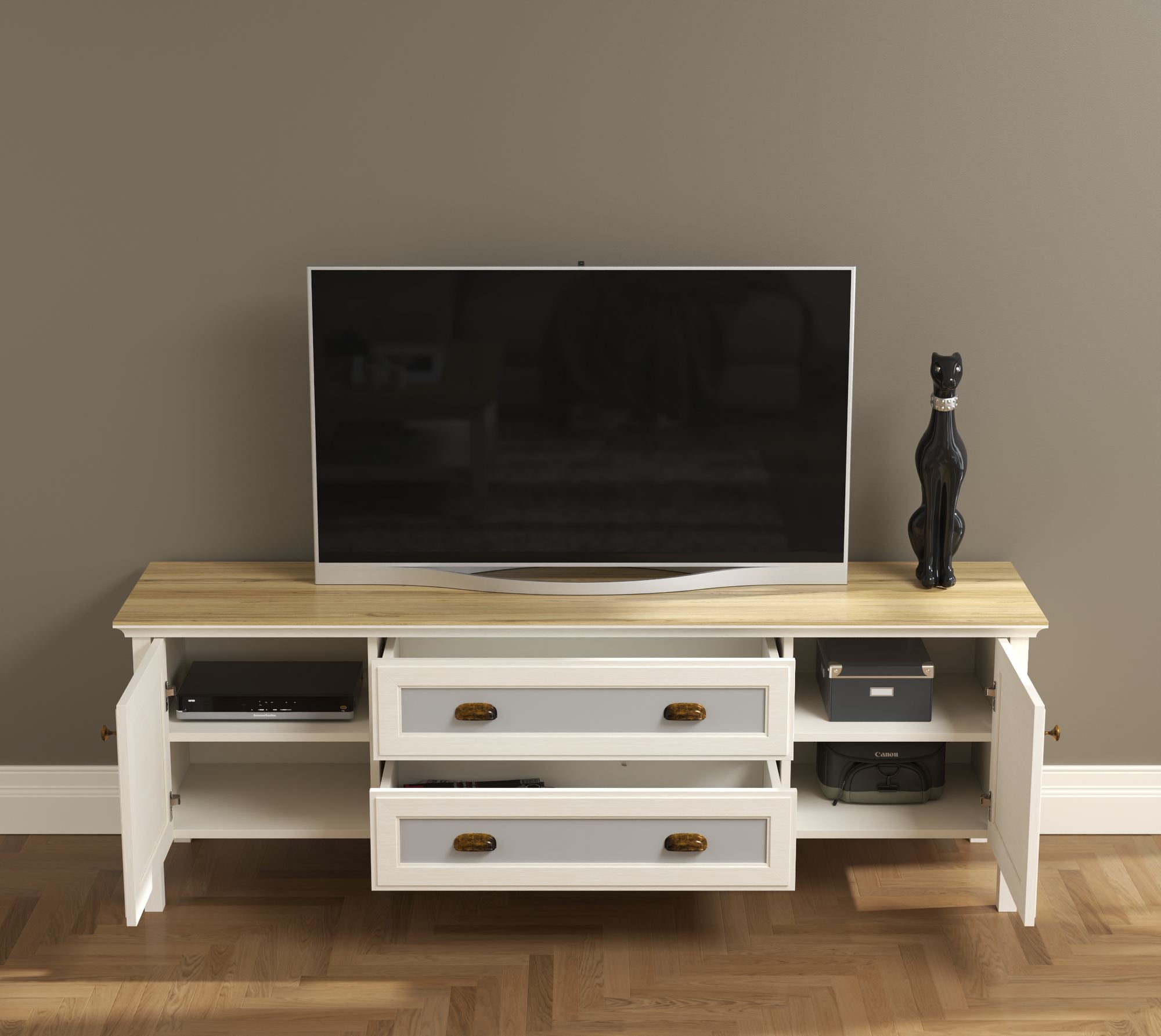 Móvel TV 180cm com Pernas e Prateleiras - Disponível em Creme, Carvalho e Cinzento