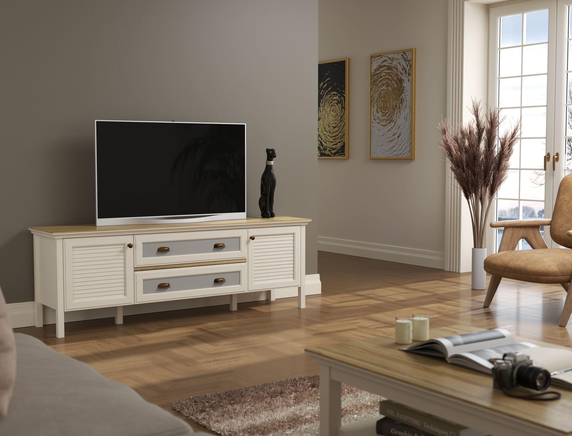 Móvel TV 180cm com Pernas e Prateleiras - Disponível em Creme, Carvalho e Cinzento