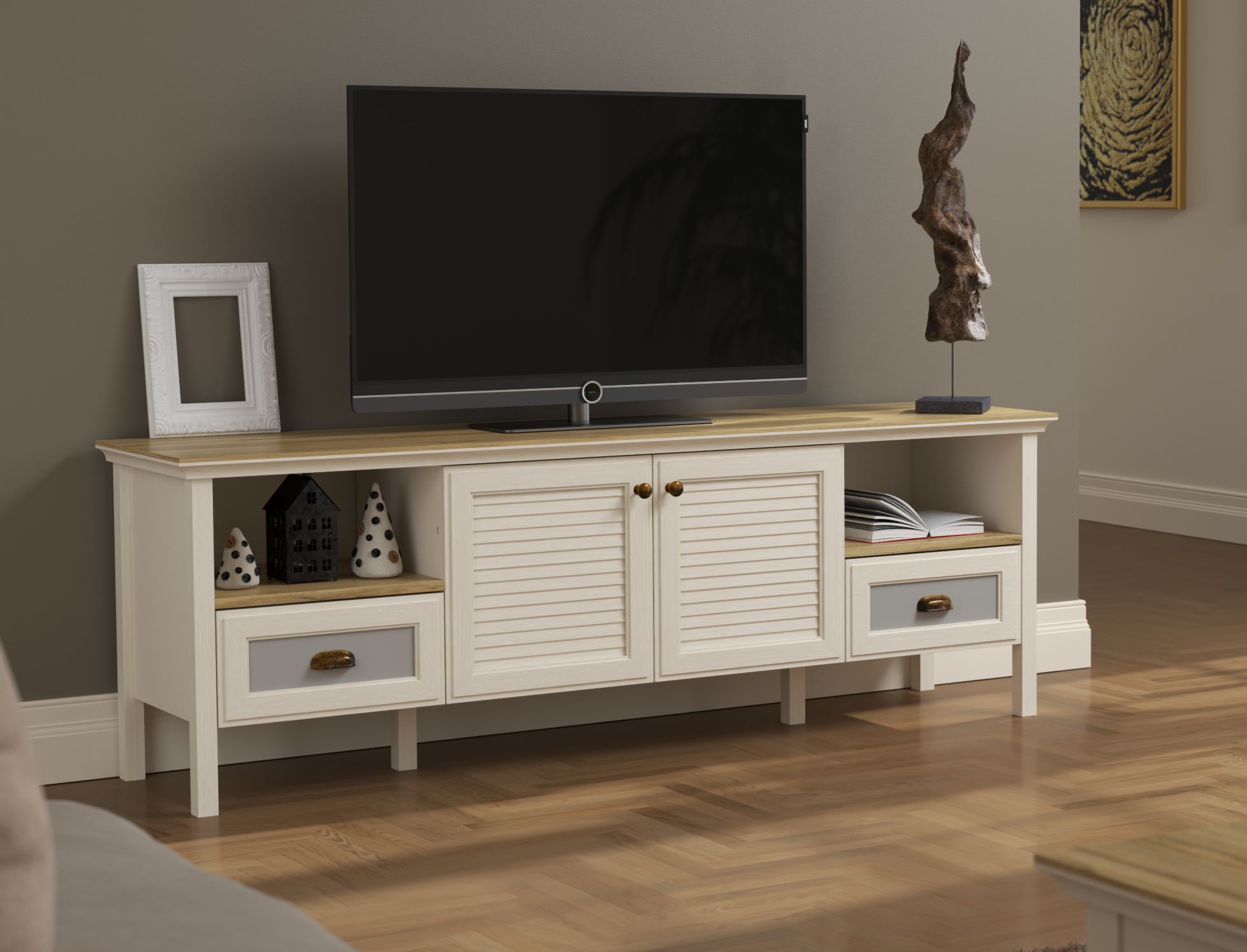 Móvel TV 180cm com Prateleiras Múltiplas e Fixação de Parede - Disponível em Creme, Carvalho e Cinzento