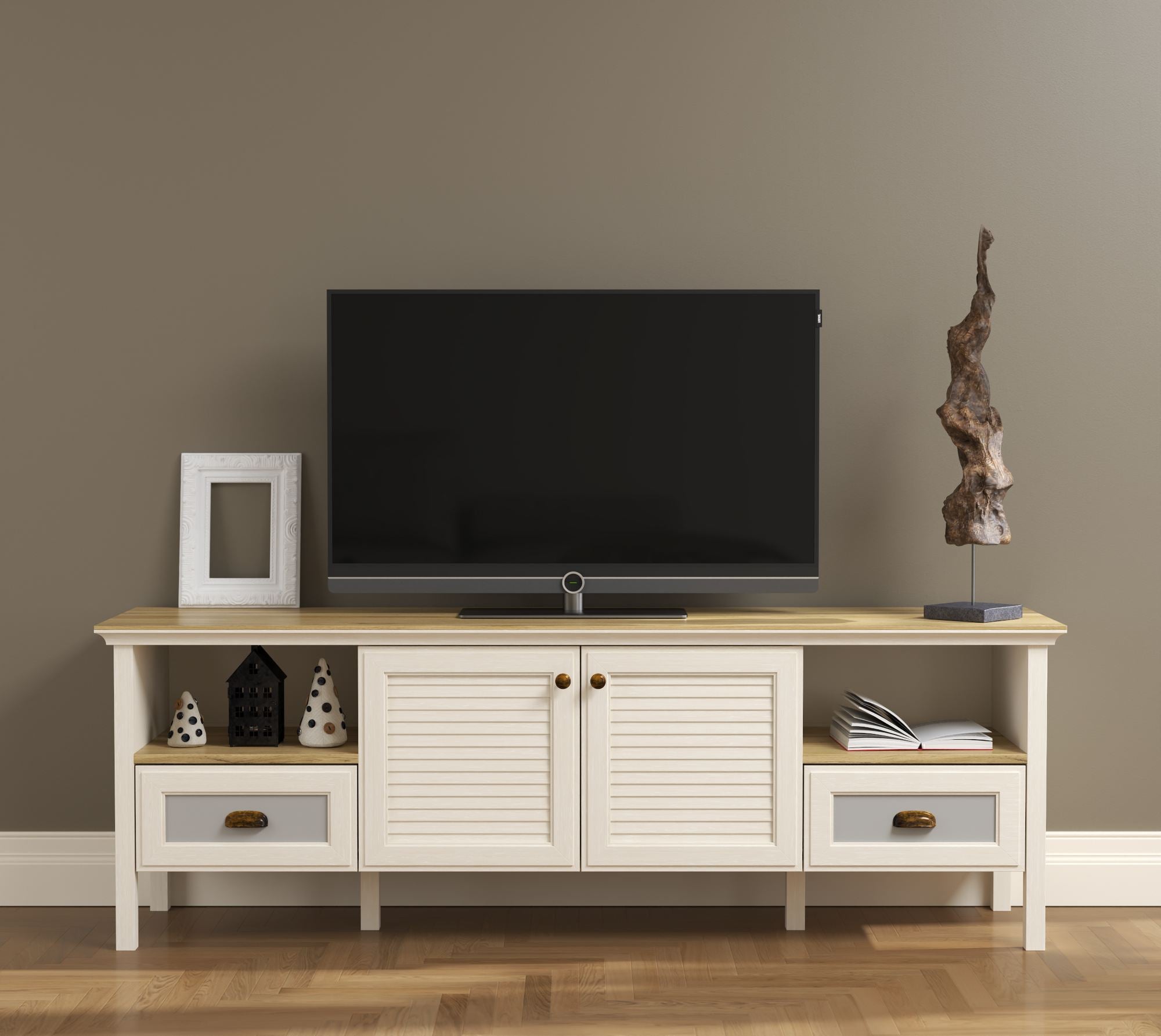 Móvel TV 180cm com Prateleiras Múltiplas e Fixação de Parede - Disponível em Creme, Carvalho e Cinzento