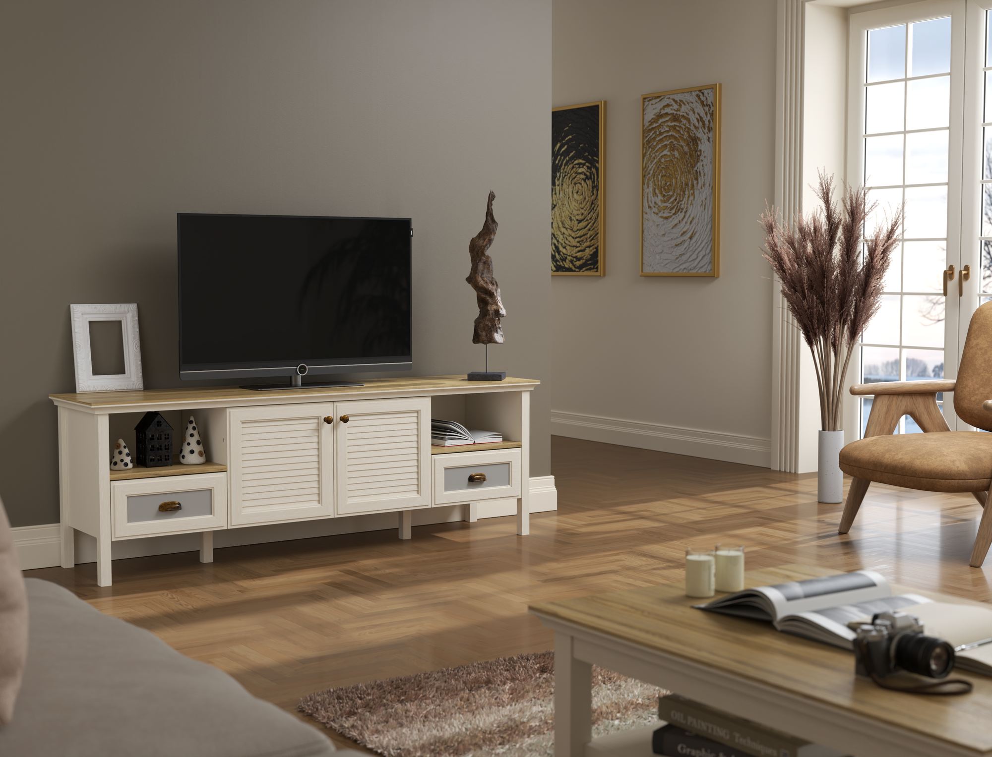 Móvel TV 180cm com Prateleiras Múltiplas e Fixação de Parede - Disponível em Creme, Carvalho e Cinzento