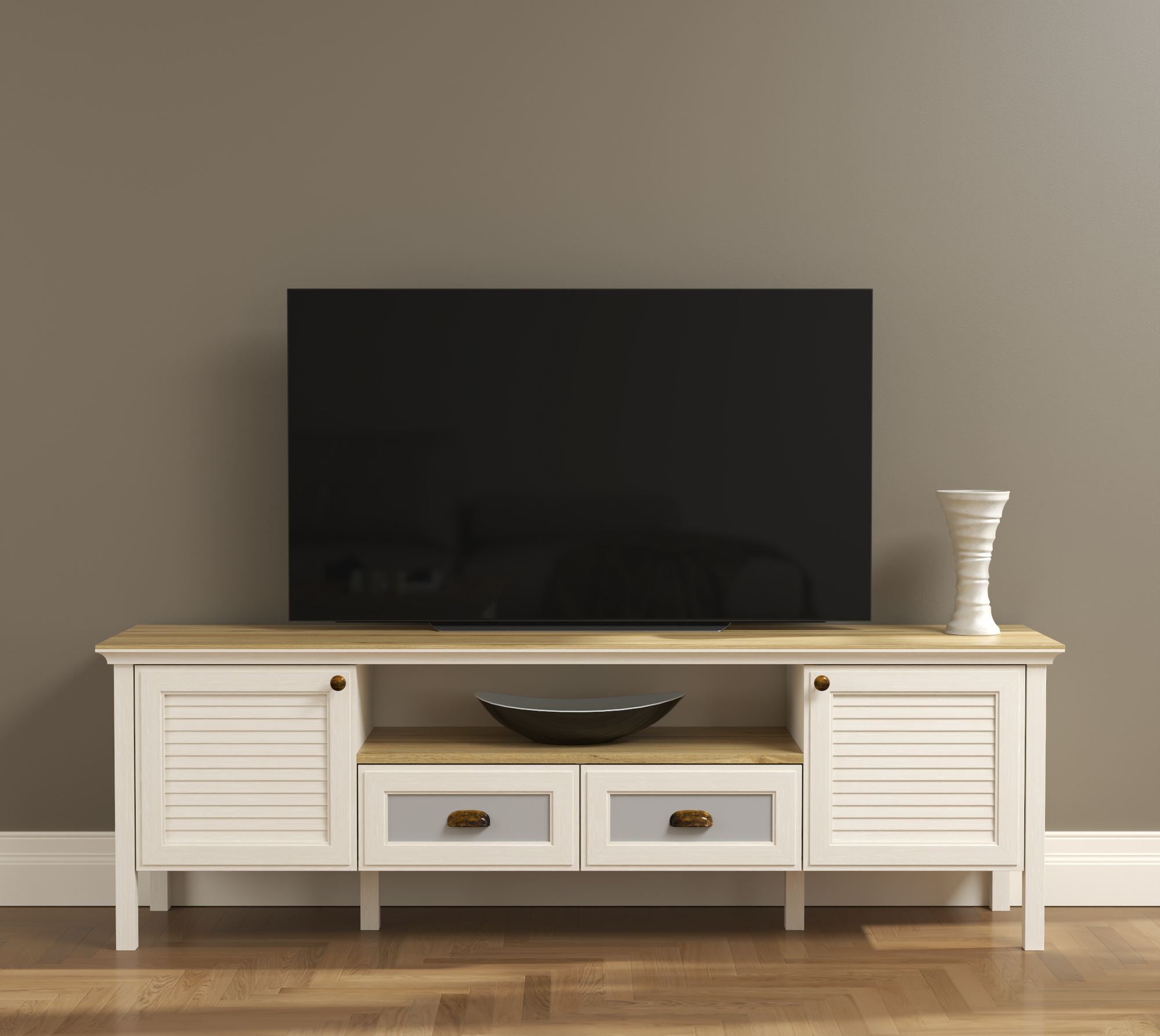 Móvel TV 180cm com Pernas MDF e Múltiplas Prateleiras - Disponível em Creme, Carvalho e Cinzento