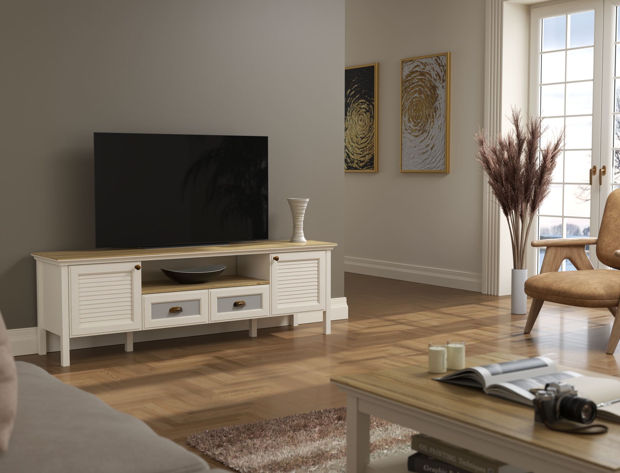 Móvel TV 180cm com Pernas MDF e Múltiplas Prateleiras - Disponível em Creme, Carvalho e Cinzento