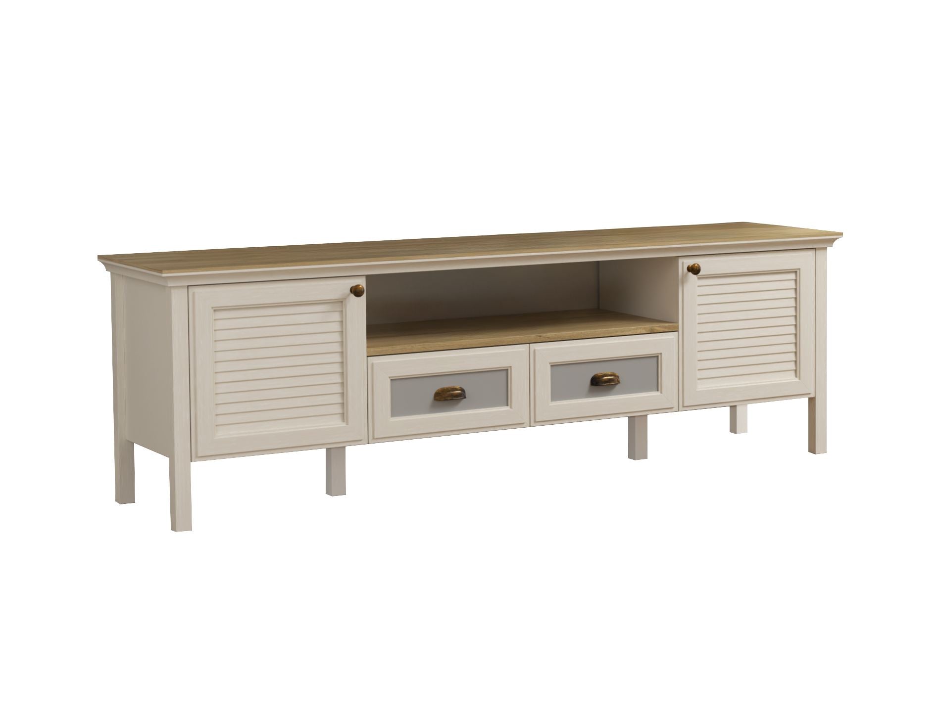 Móvel TV 180cm com Pernas MDF e Múltiplas Prateleiras - Disponível em Creme, Carvalho e Cinzento