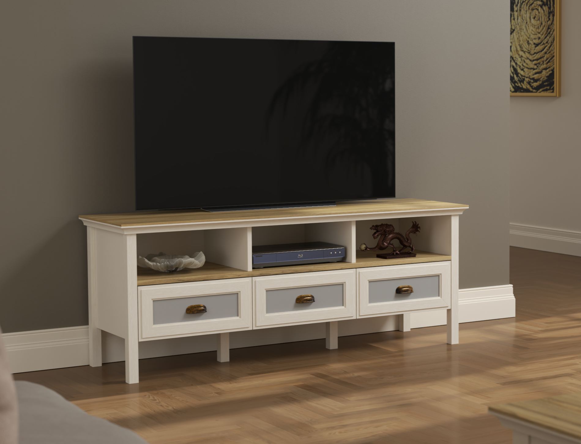 Mesa de TV Moderna com Múltiplas Prateleiras e Fixação de Parede - 149cm Largura, Disponível em Creme, Carvalho e Cinzento