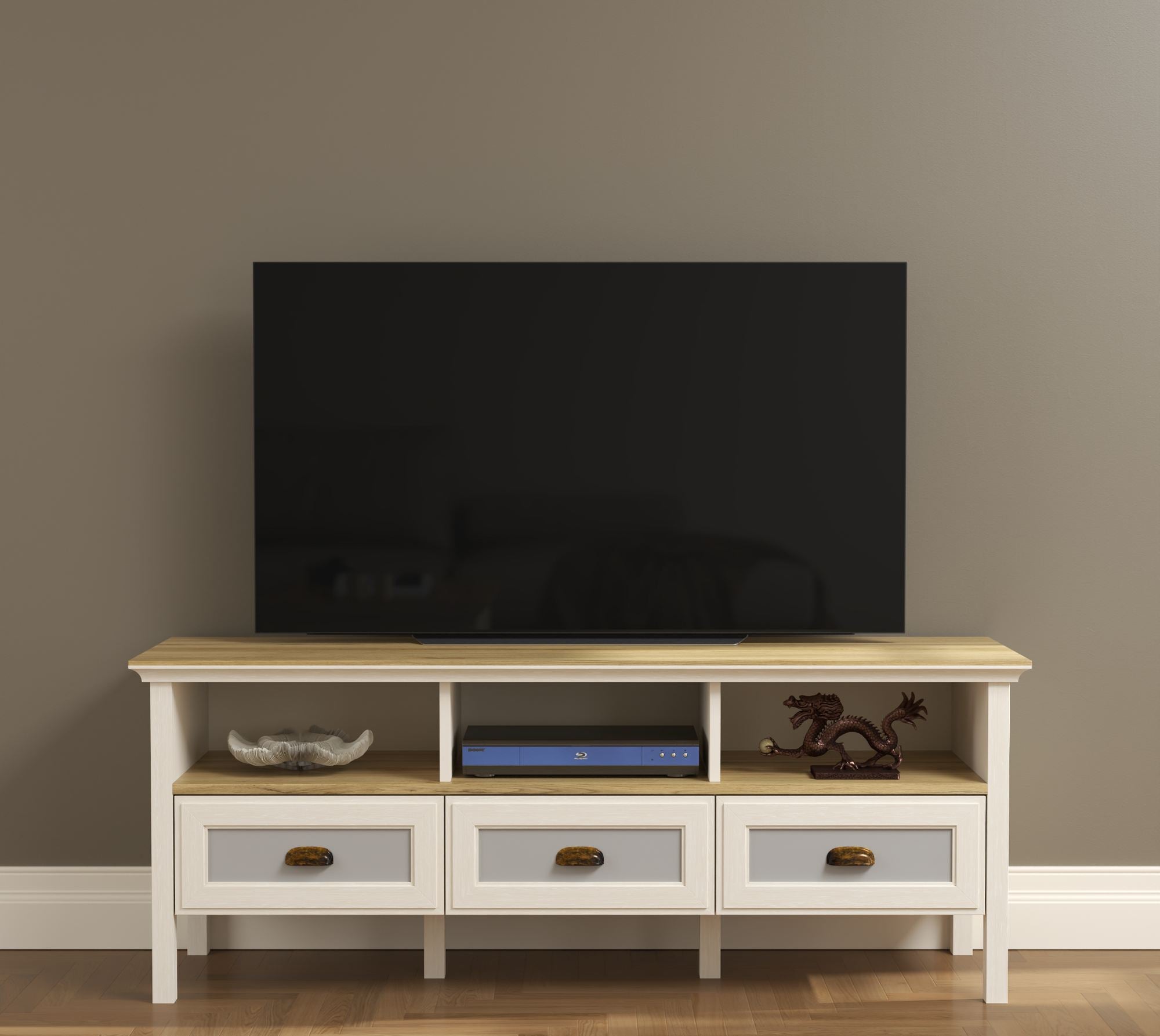 Mesa de TV Moderna com Múltiplas Prateleiras e Fixação de Parede - 149cm Largura, Disponível em Creme, Carvalho e Cinzento