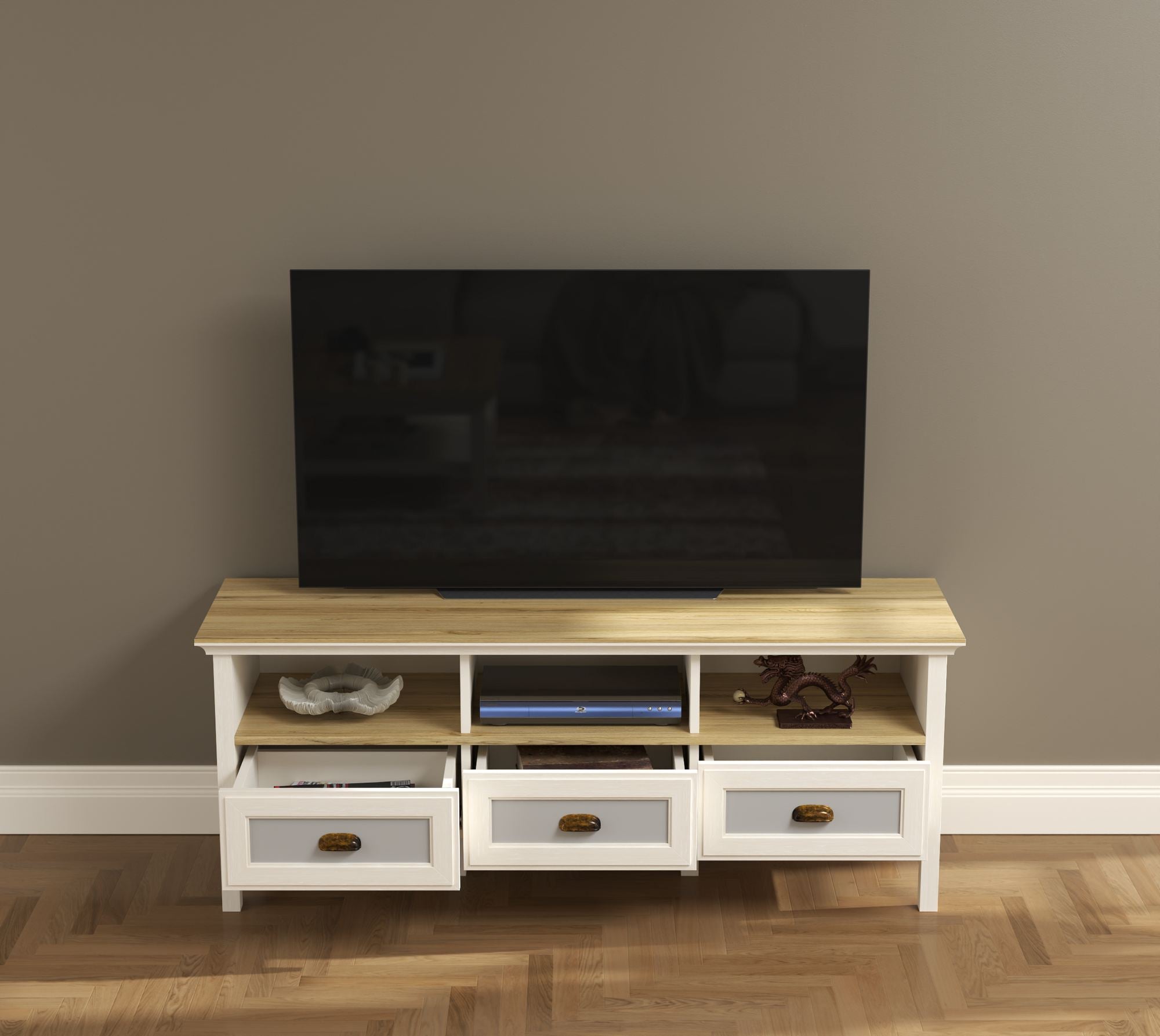 Mesa de TV Moderna com Múltiplas Prateleiras e Fixação de Parede - 149cm Largura, Disponível em Creme, Carvalho e Cinzento