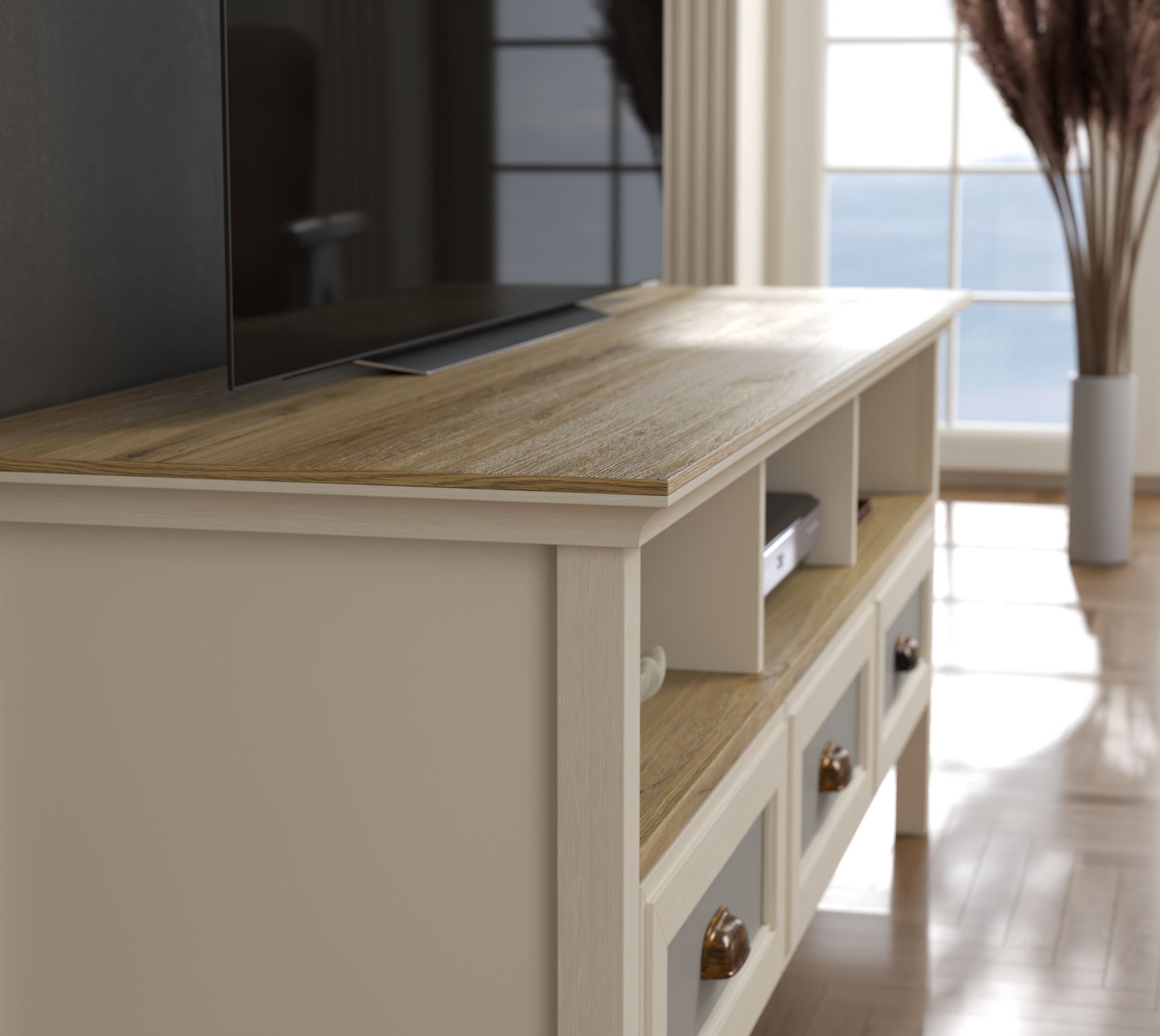 Mesa de TV Moderna com Múltiplas Prateleiras e Fixação de Parede - 149cm Largura, Disponível em Creme, Carvalho e Cinzento