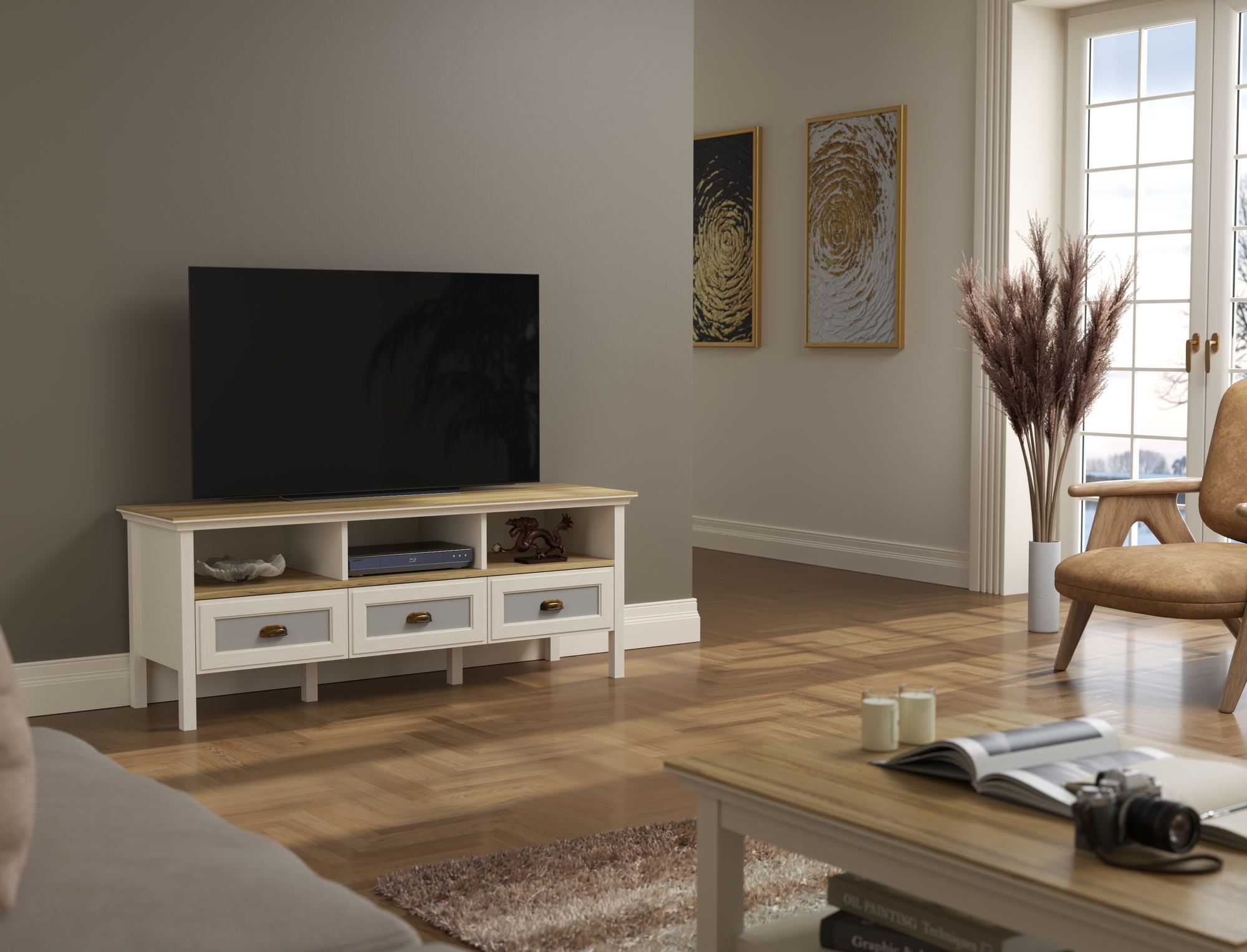 Mesa de TV Moderna com Múltiplas Prateleiras e Fixação de Parede - 149cm Largura, Disponível em Creme, Carvalho e Cinzento