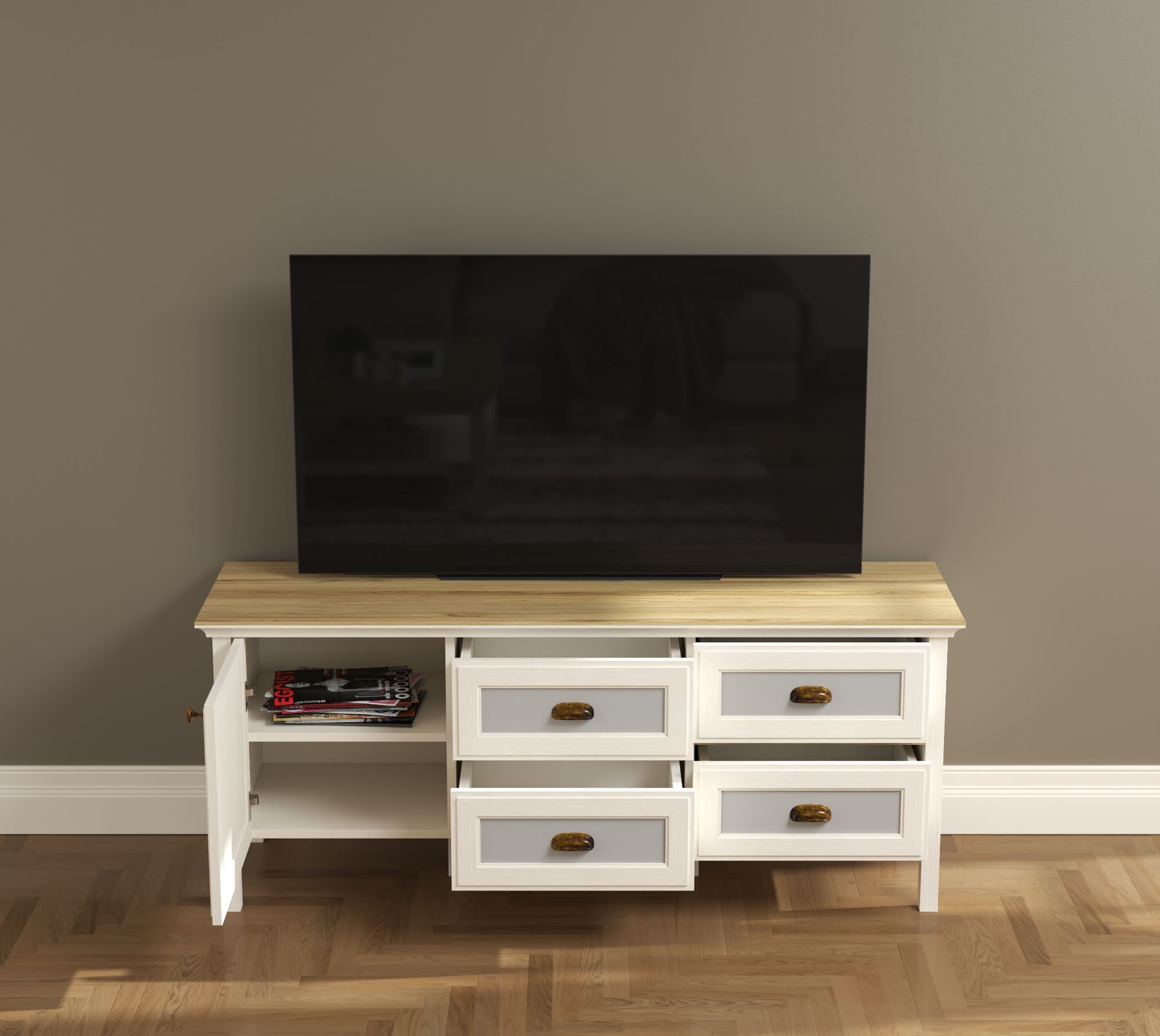 Móvel TV Moderno com Pernas MDF - 149cm Largura, Múltiplas Prateleiras e Fixação à Parede Disponível