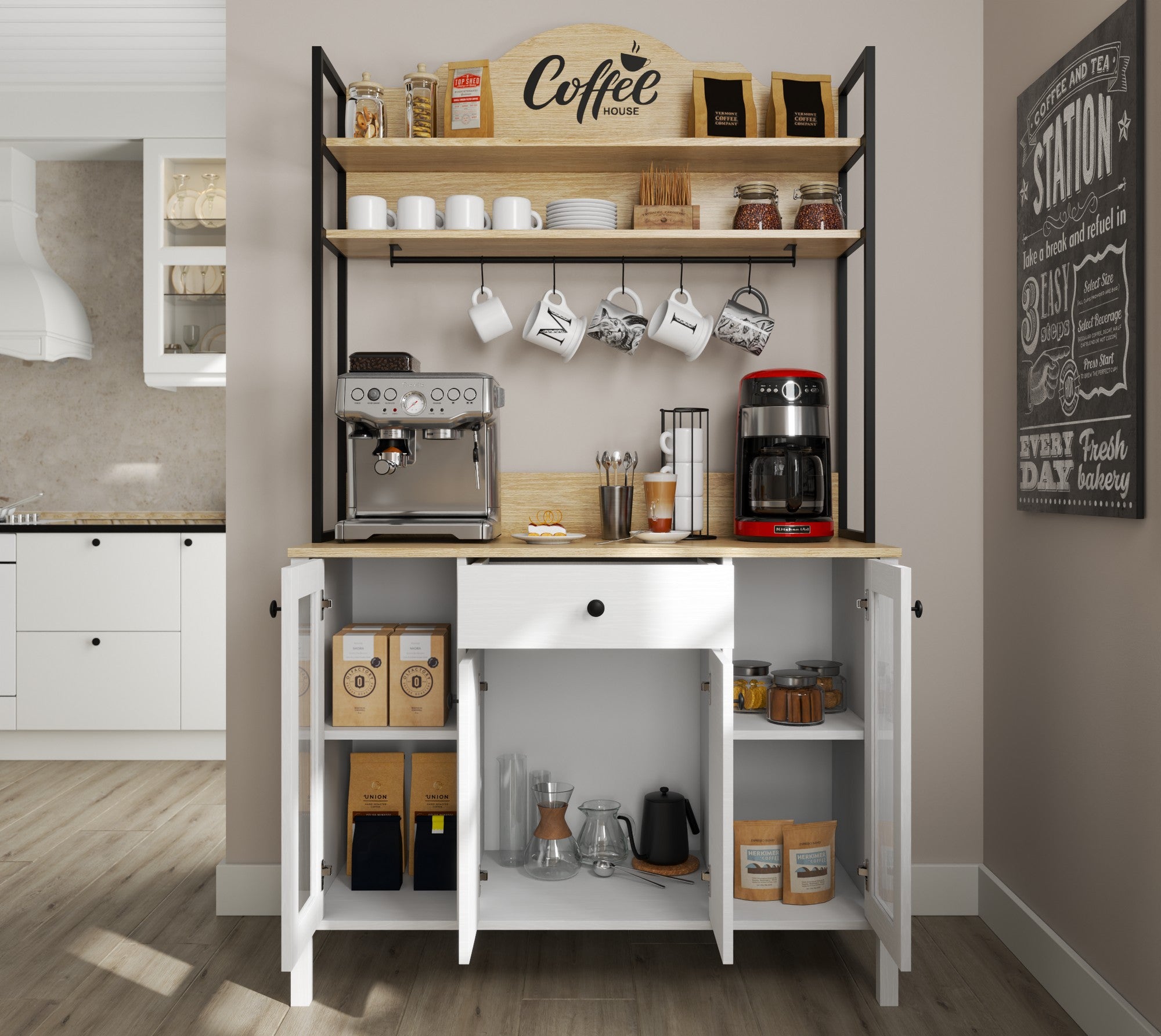 Armário de bar de café – 120cm x 210cm x 50cm – Branco – Aglomerado revestido de melamina