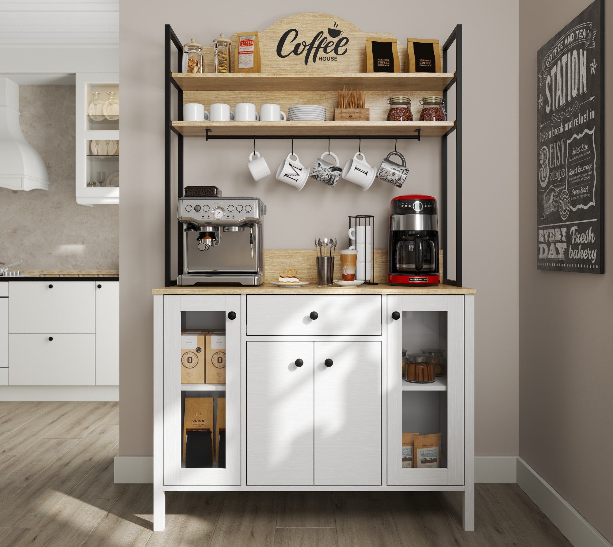 Armário de bar de café – 120cm x 210cm x 50cm – Branco – Aglomerado revestido de melamina