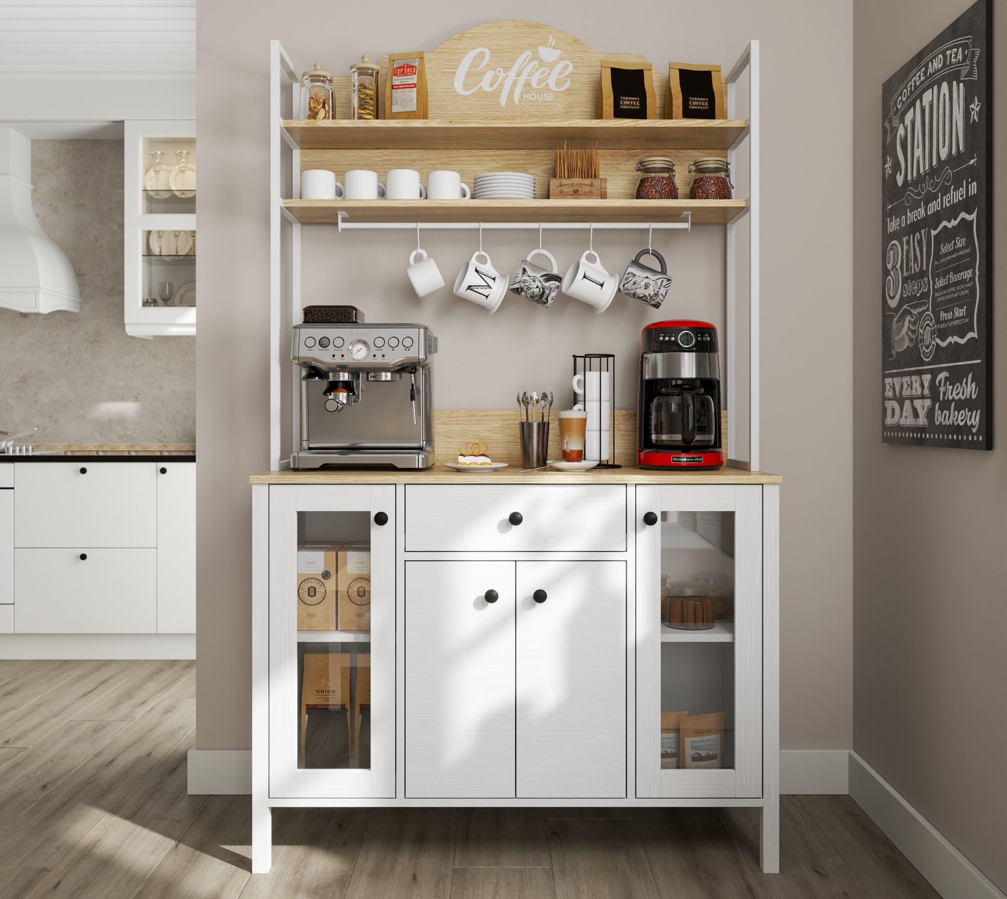 Armário de bar de café – 120cm x 210cm x 50cm – Branco – Painel de partículas revestido de melamina