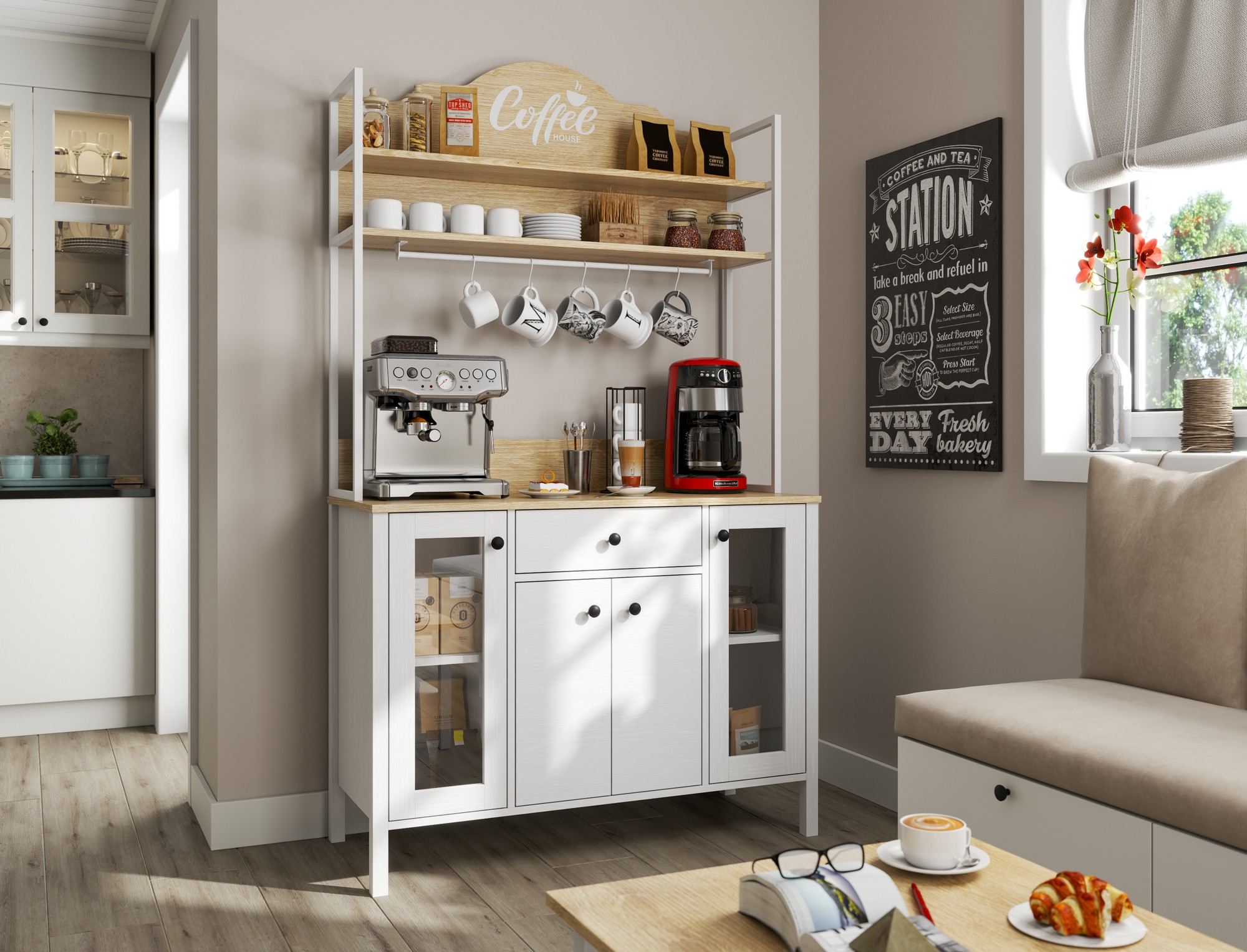 Armário de bar de café – 120cm x 210cm x 50cm – Branco – Painel de partículas revestido de melamina