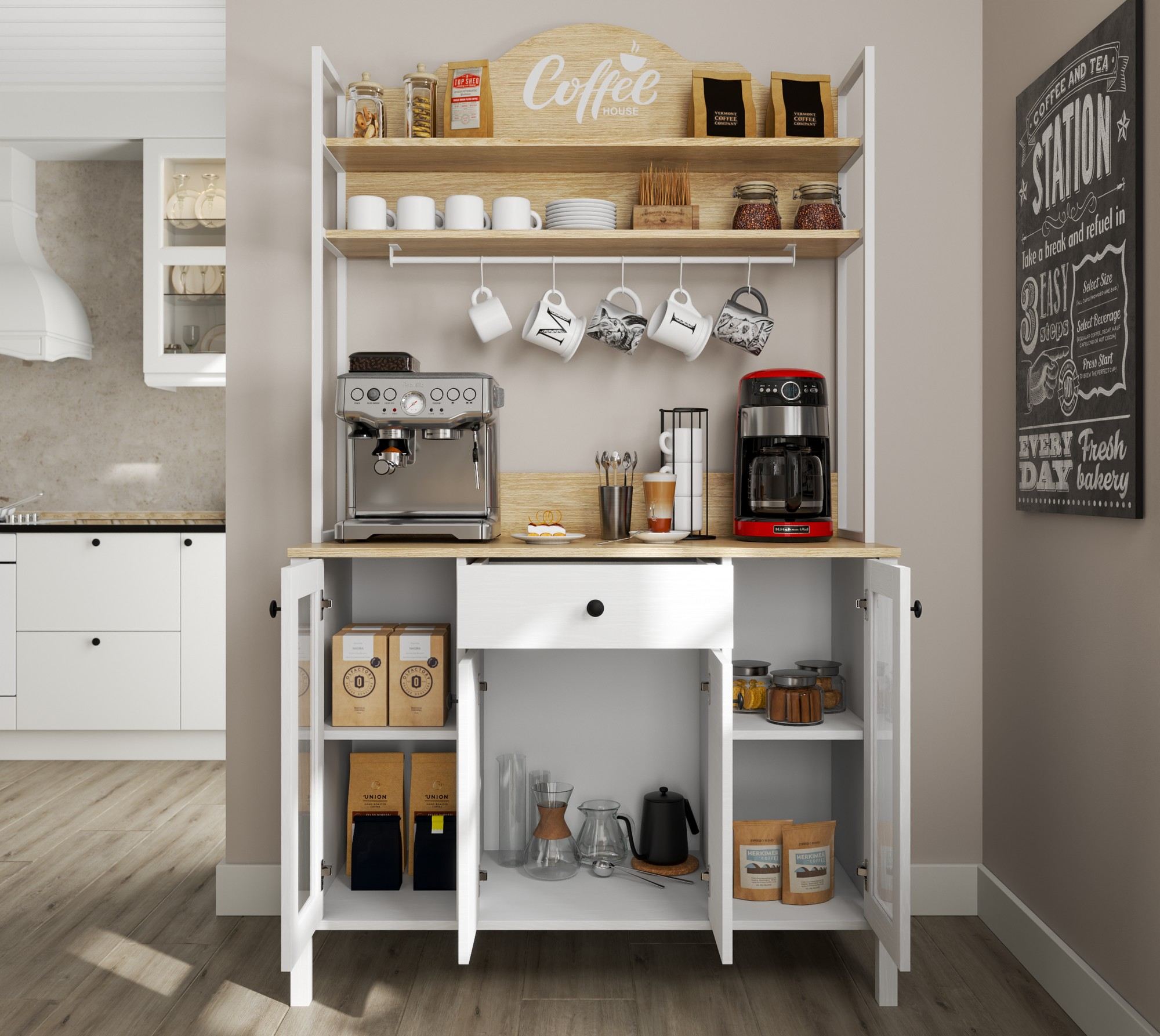 Armário de bar de café – 120cm x 210cm x 50cm – Branco – Painel de partículas revestido de melamina