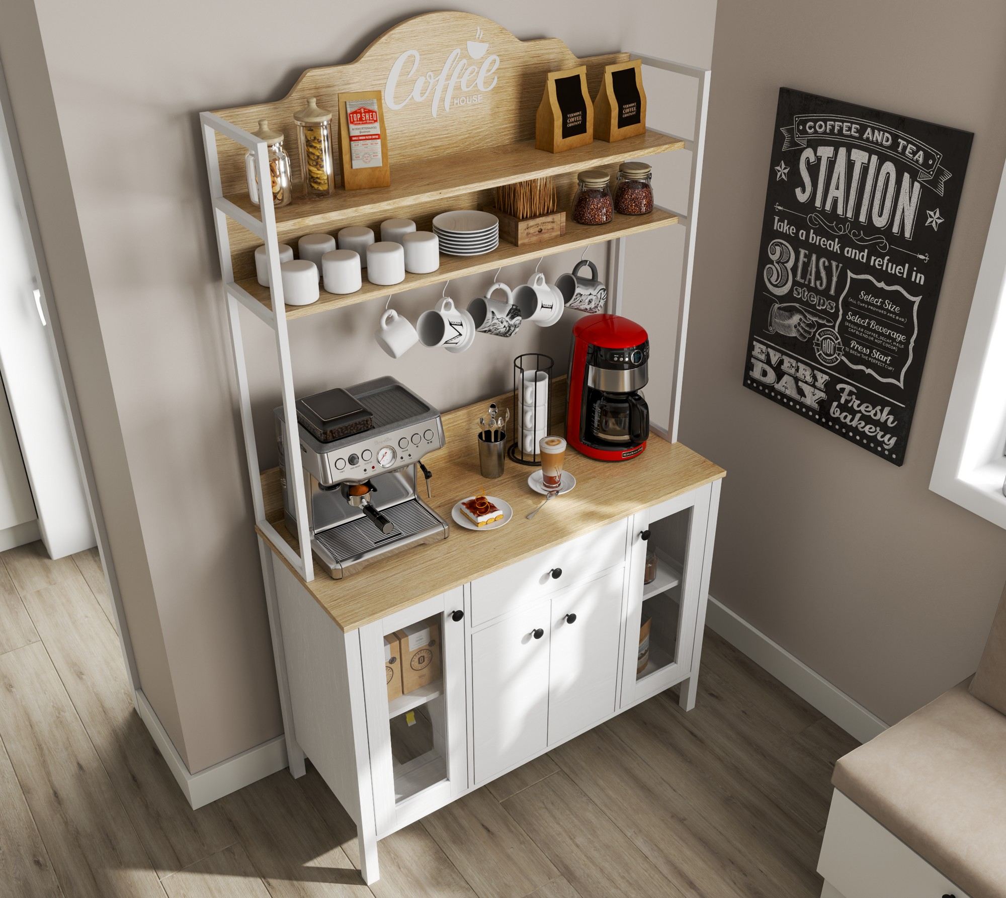 Armário de bar de café – 120cm x 210cm x 50cm – Branco – Painel de partículas revestido de melamina