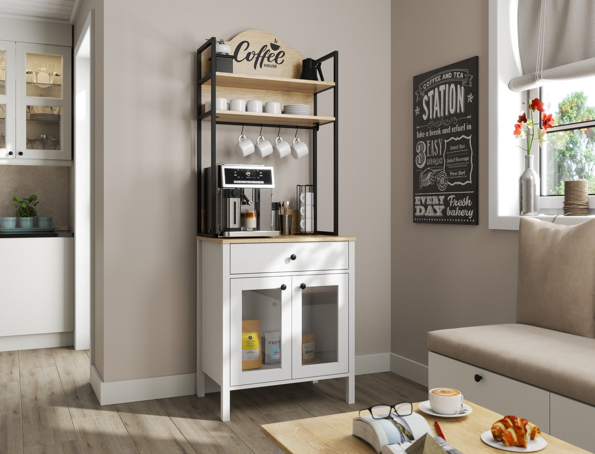 Armário de Bar de Café – 75cm x 210cm x 50cm – Branco e Madeira – Painel de partículas