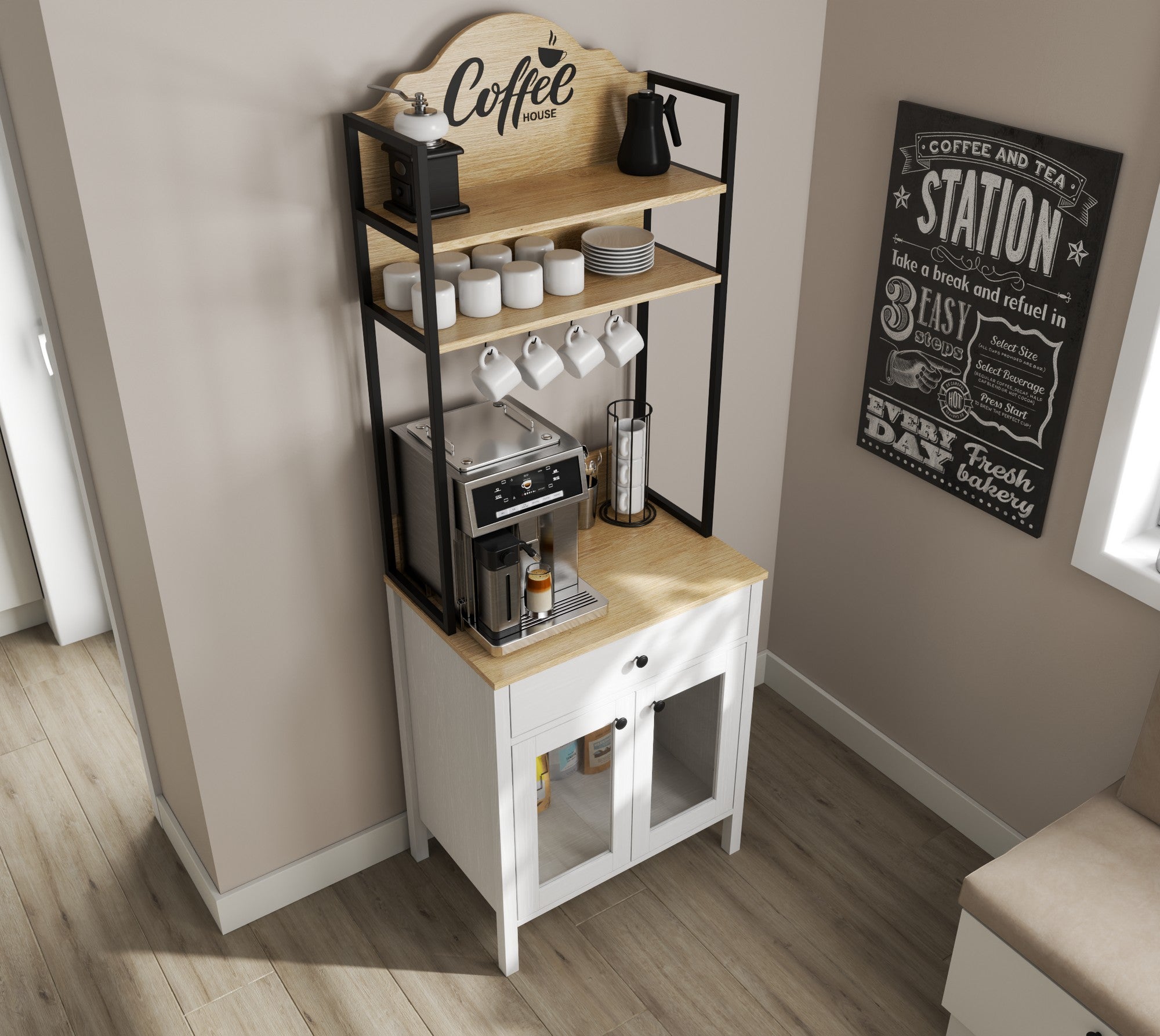 Armário de Bar de Café – 75cm x 210cm x 50cm – Branco e Madeira – Painel de partículas