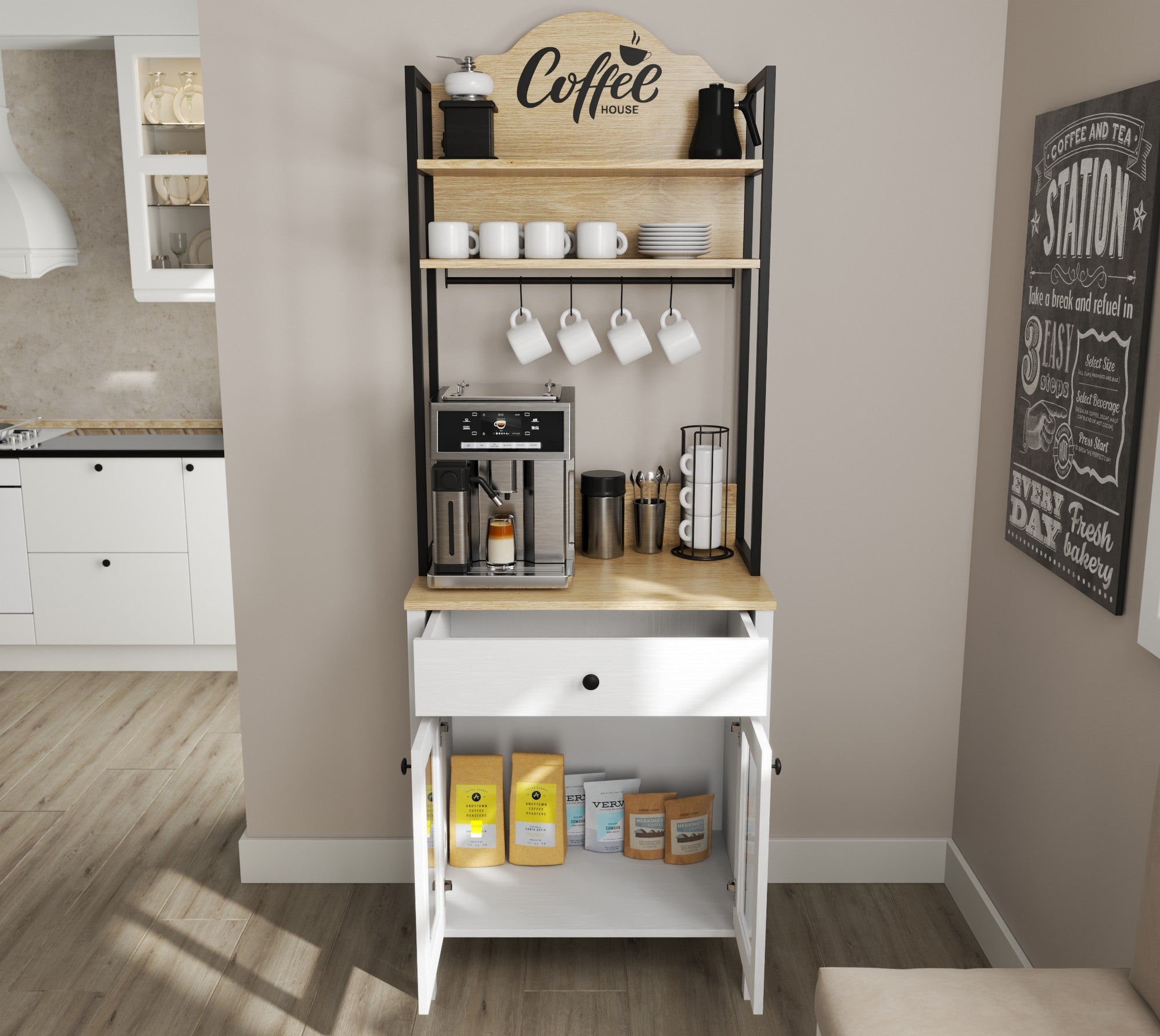 Armário de Bar de Café – 75cm x 210cm x 50cm – Branco e Madeira – Painel de partículas