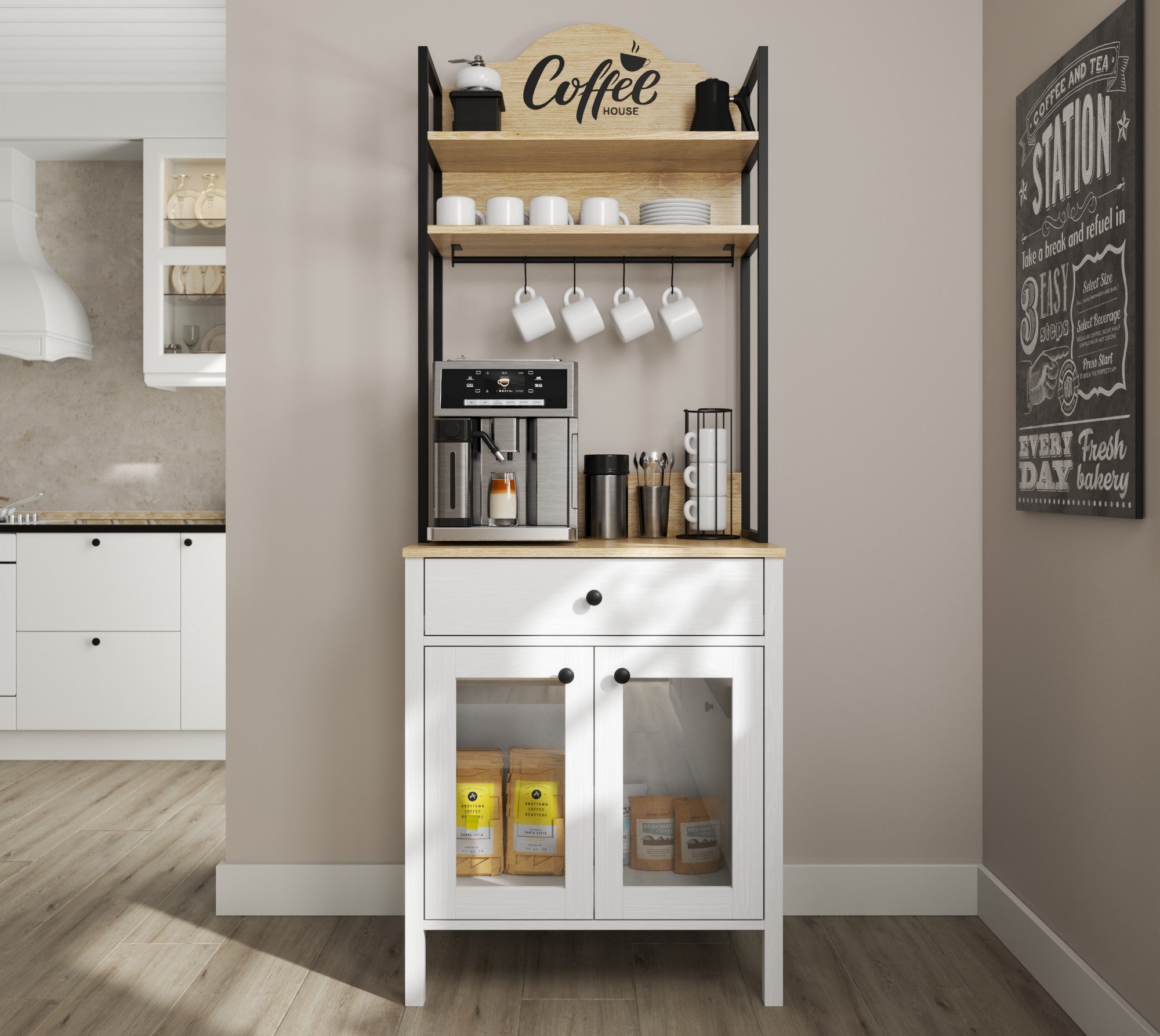 Armário de Bar de Café – 75cm x 210cm x 50cm – Branco e Madeira – Painel de partículas