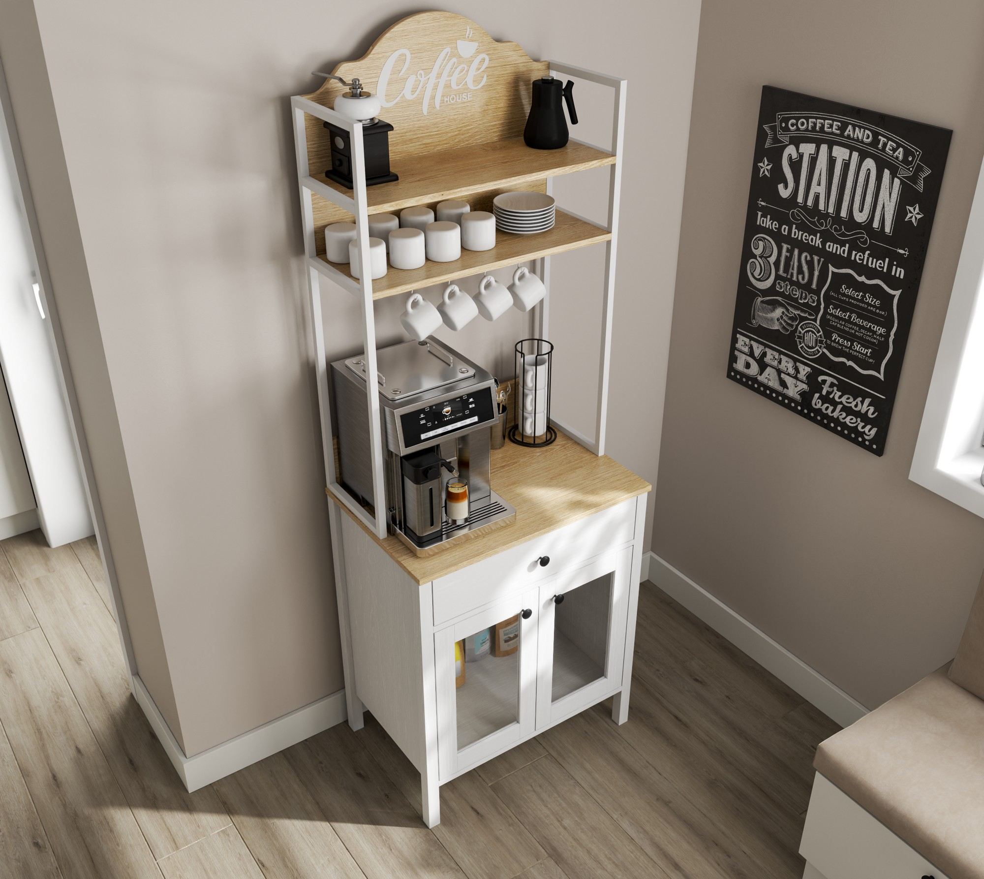 Armário de bar de café – 75 cm x 210 cm x 50 cm – Branco – Madeira