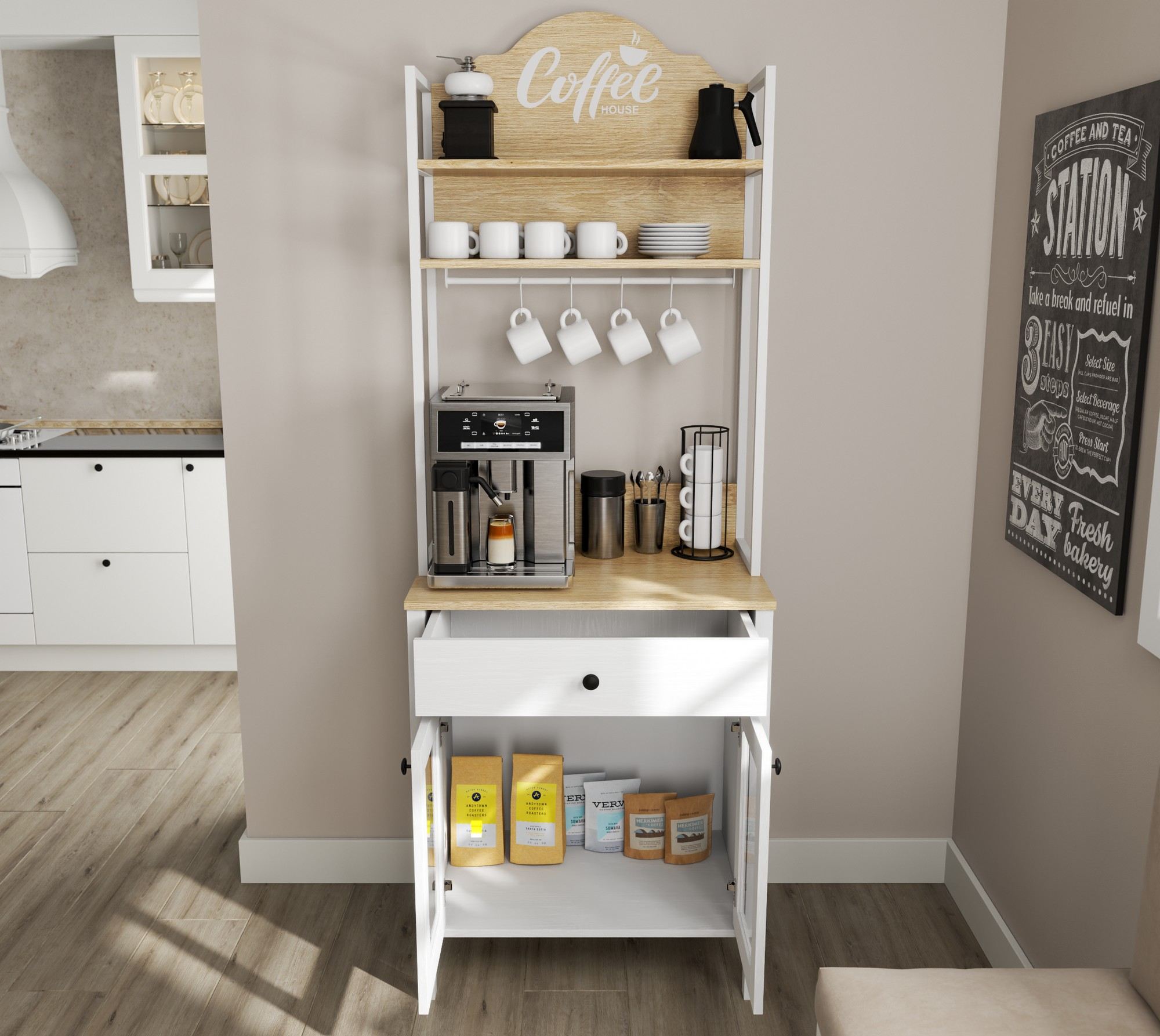 Armário de bar de café – 75 cm x 210 cm x 50 cm – Branco – Madeira