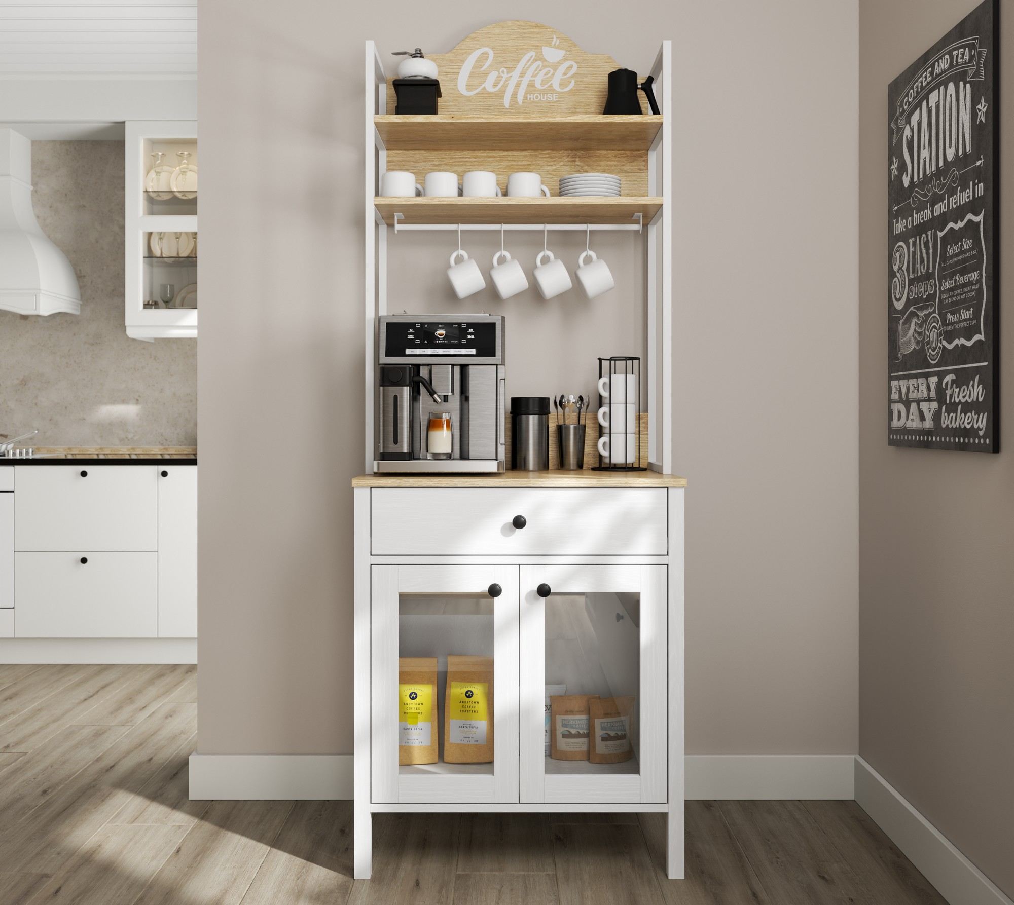 Armário de bar de café – 75 cm x 210 cm x 50 cm – Branco – Madeira