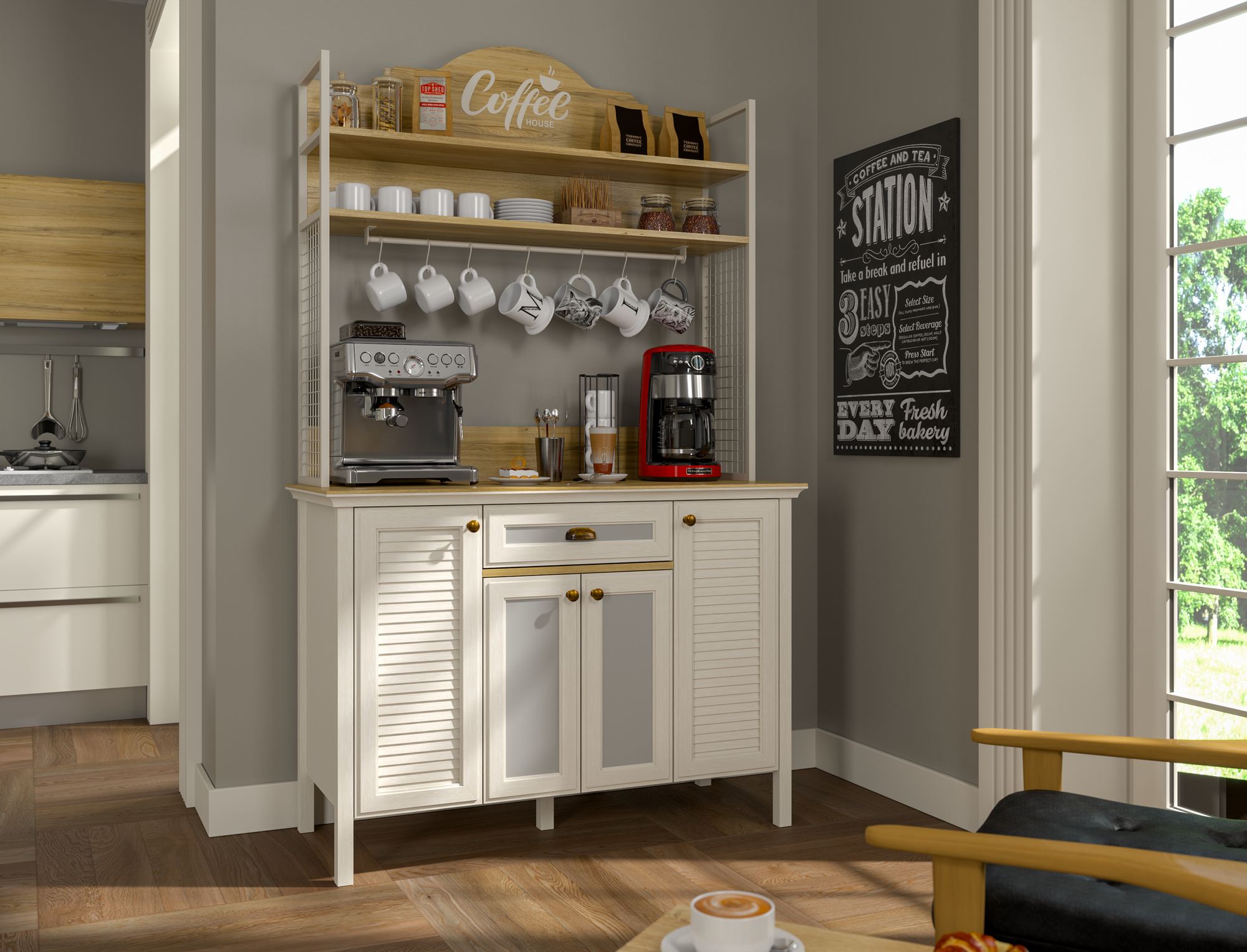 Armário Bar de Café Premium com Múltiplas Prateleiras - 210cm de Altura, Acabamento em Melamina e Pernas MDF