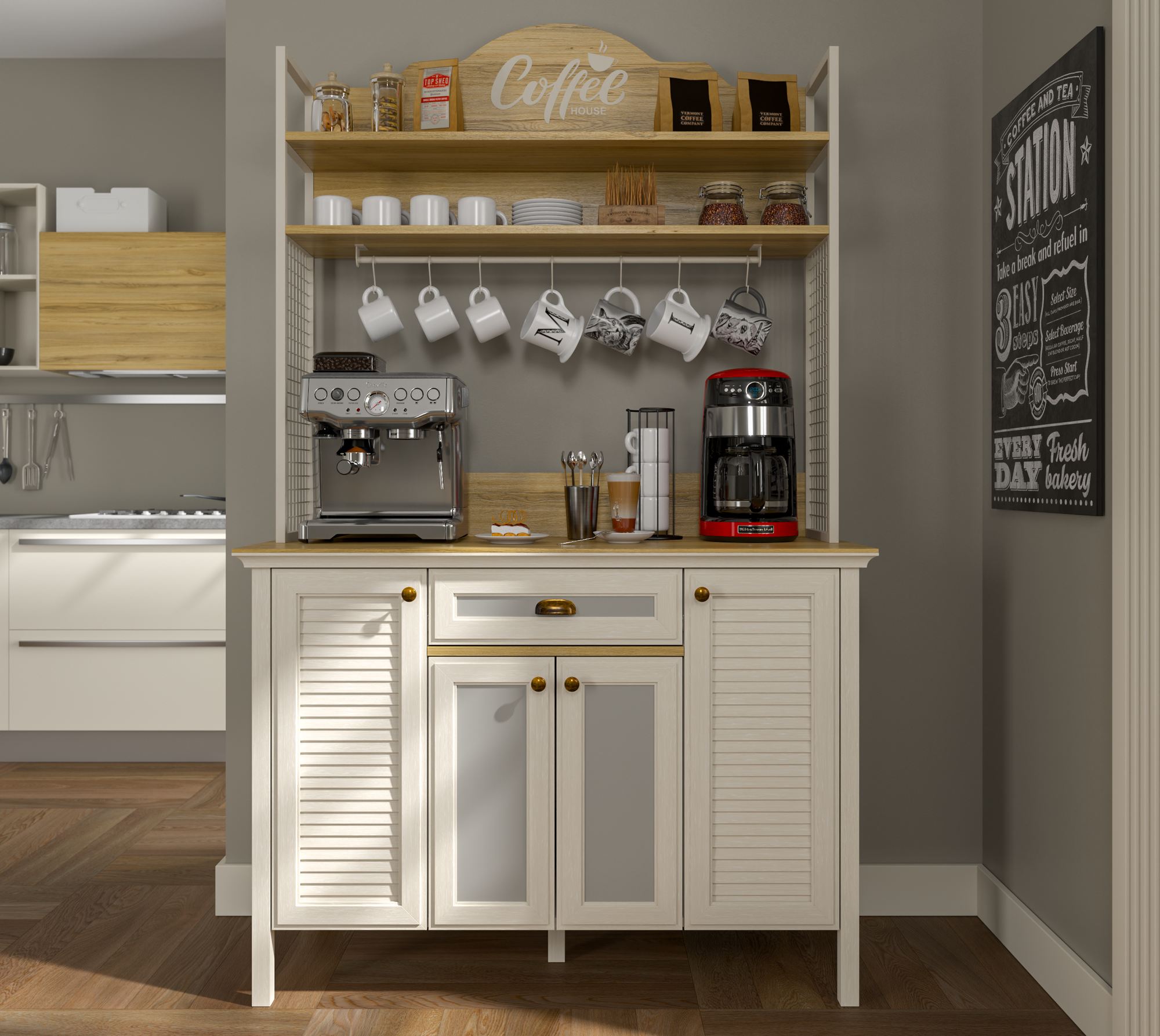 Armário Bar de Café Premium com Múltiplas Prateleiras - 210cm de Altura, Acabamento em Melamina e Pernas MDF