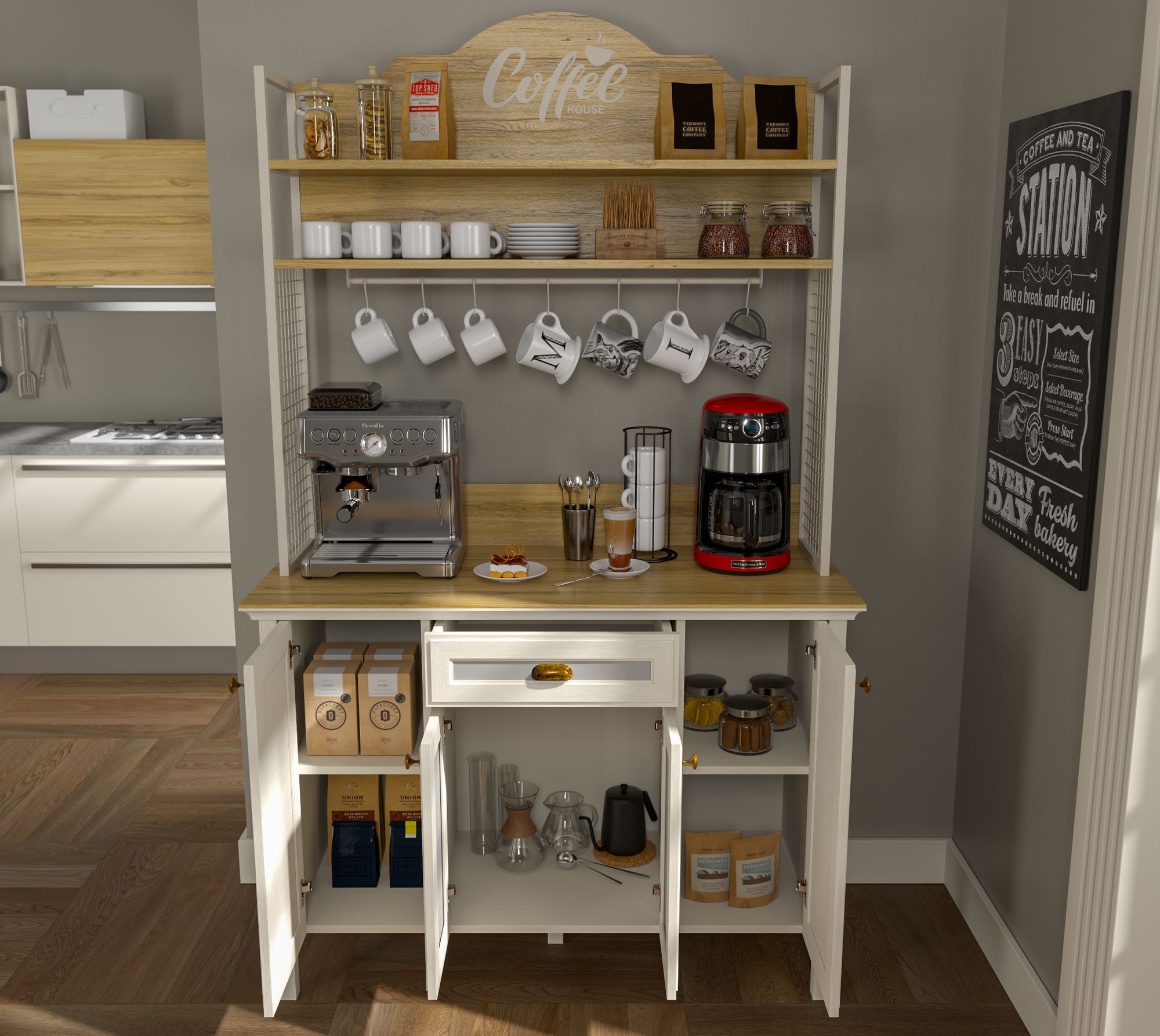 Armário Bar de Café Premium com Múltiplas Prateleiras - 210cm de Altura, Acabamento em Melamina e Pernas MDF