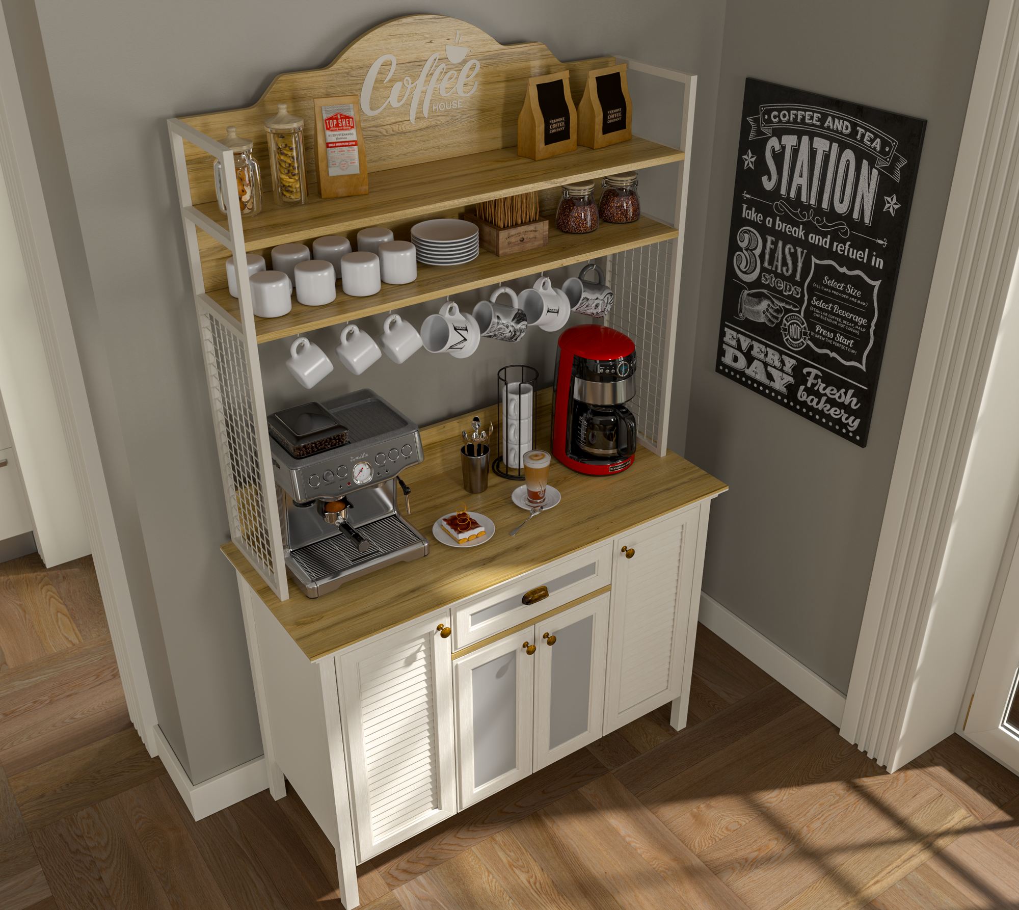 Armário Bar de Café Premium com Múltiplas Prateleiras - 210cm de Altura, Acabamento em Melamina e Pernas MDF