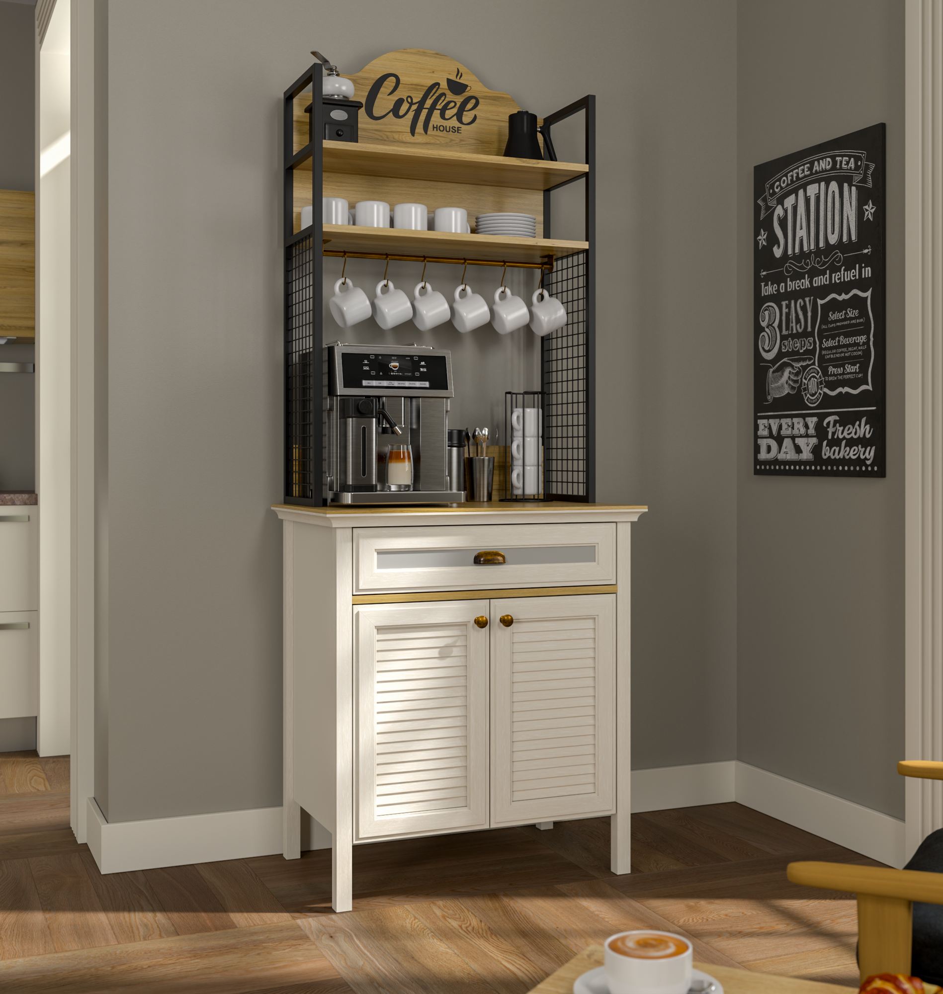 Armário Bar de Café com Múltiplas Prateleiras - 210cm Altura, 3 Cores Disponíveis, Fixação na Parede