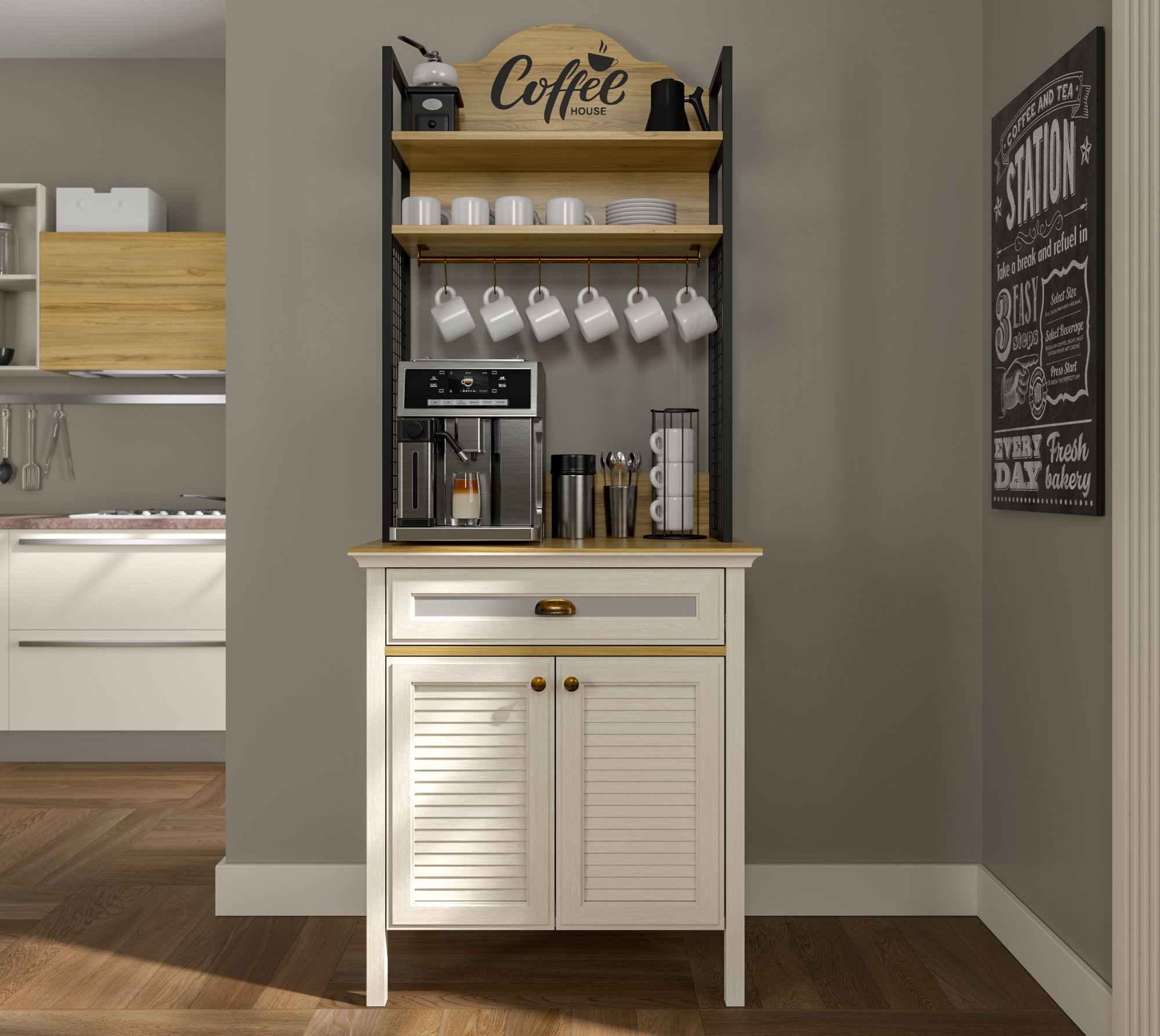 Armário Bar de Café com Múltiplas Prateleiras - 210cm Altura, 3 Cores Disponíveis, Fixação na Parede