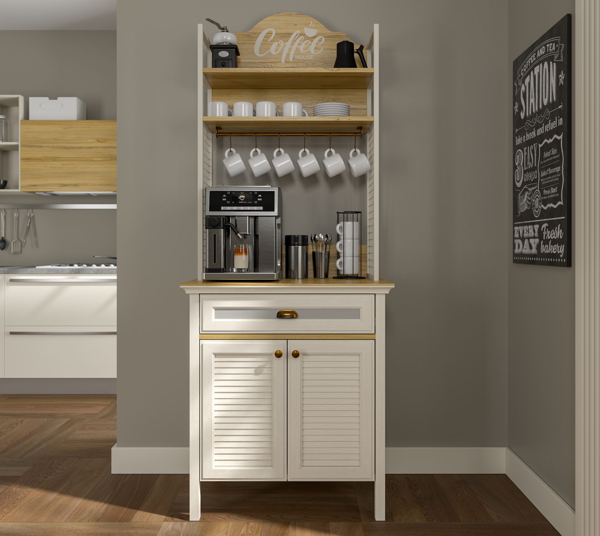 Armário Bar de Café com Múltiplas Prateleiras - 210cm Altura, 3 Cores Disponíveis, Fixação à Parede