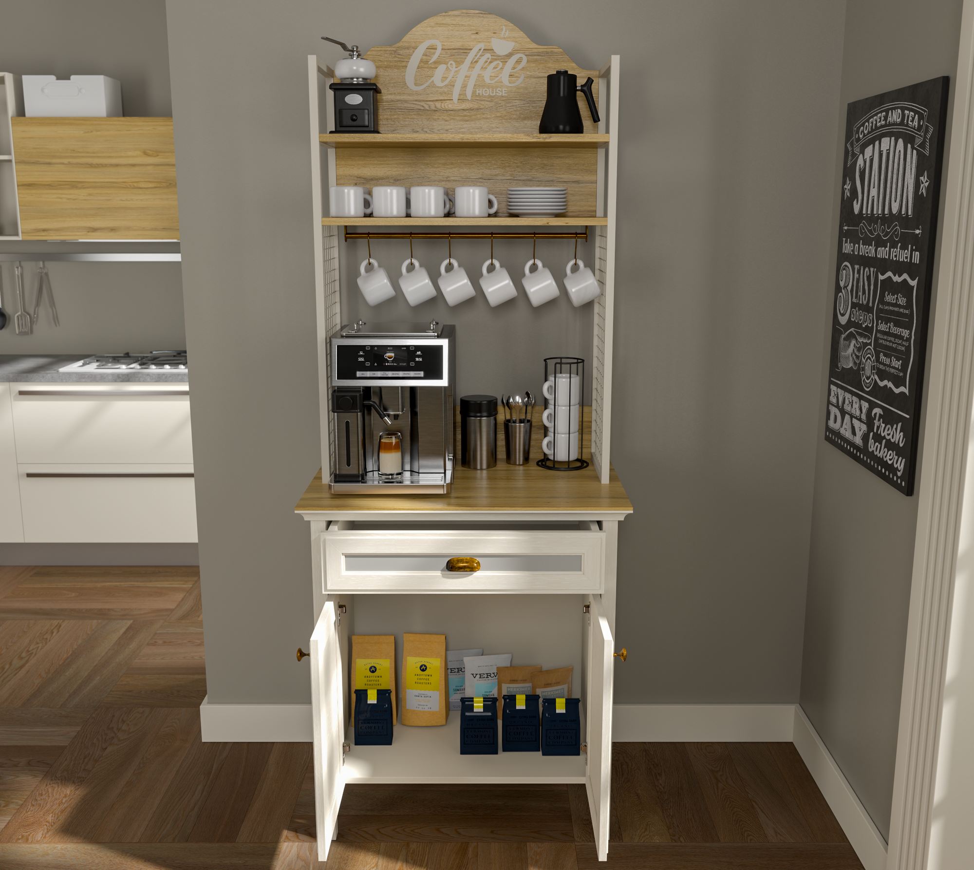 Armário Bar de Café com Múltiplas Prateleiras - 210cm Altura, 3 Cores Disponíveis, Fixação à Parede