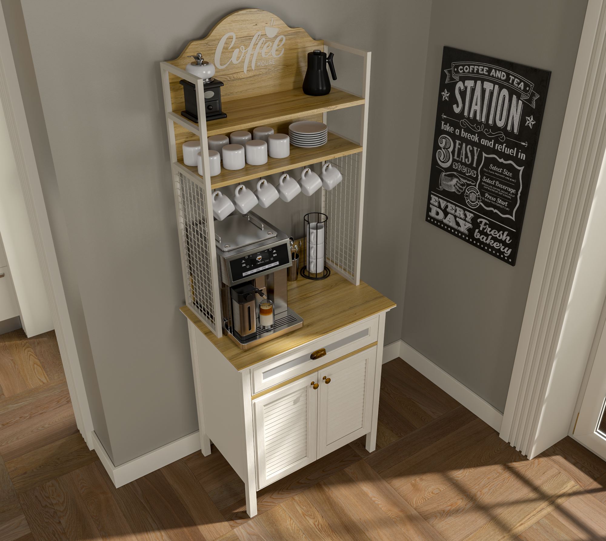 Armário Bar de Café com Múltiplas Prateleiras - 210cm Altura, 3 Cores Disponíveis, Fixação à Parede