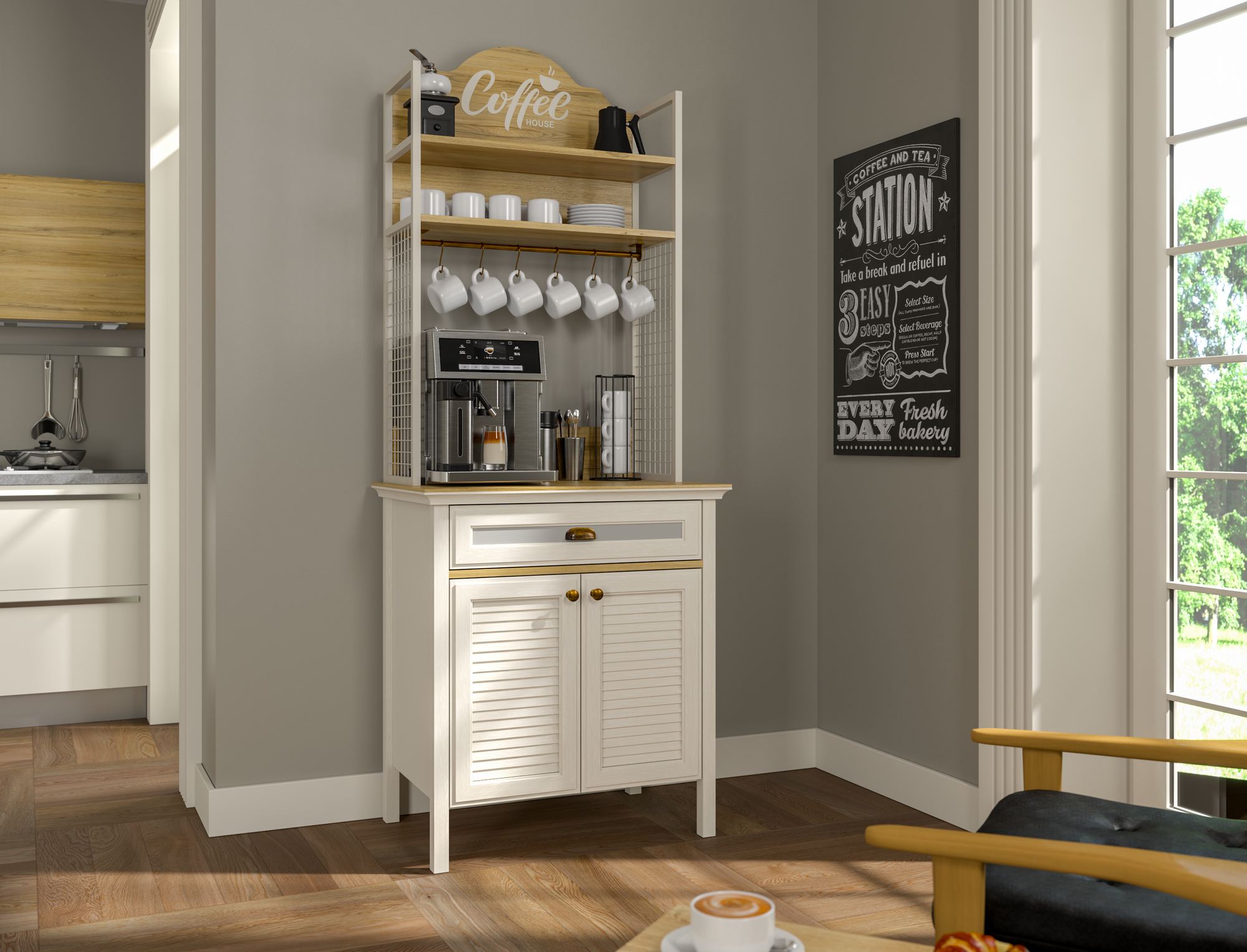 Armário Bar de Café com Múltiplas Prateleiras - 210cm Altura, 3 Cores Disponíveis, Fixação à Parede