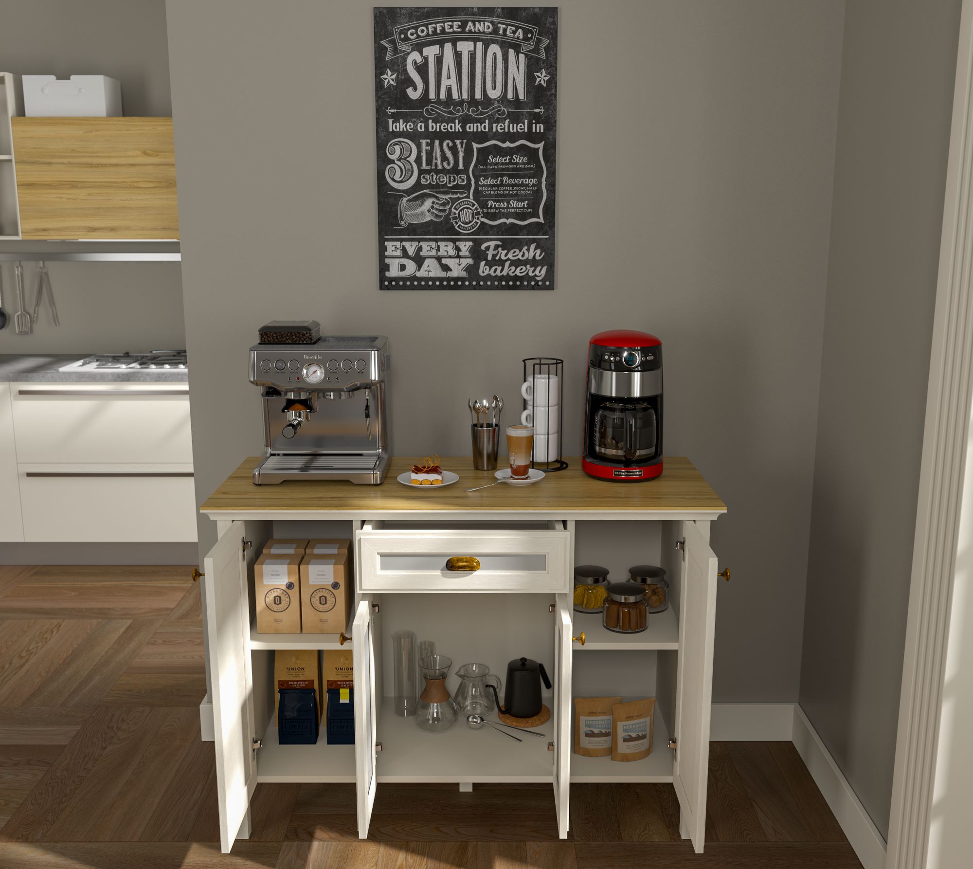 Móvel Bar de Café com Prateleiras Múltiplas - 3 Cores Disponíveis, Fixação na Parede, Pernas em MDF