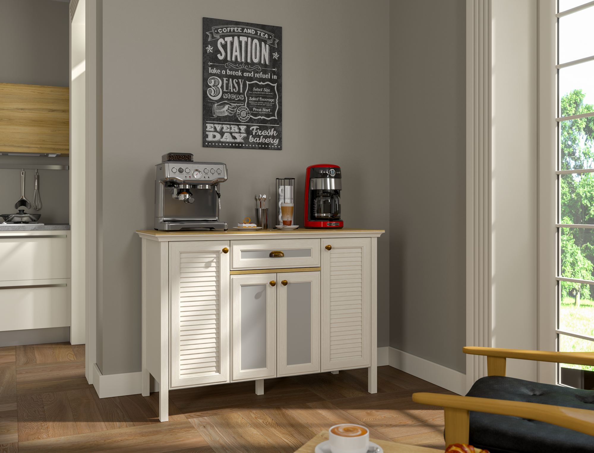 Móvel Bar de Café com Prateleiras Múltiplas - 3 Cores Disponíveis, Fixação na Parede, Pernas em MDF