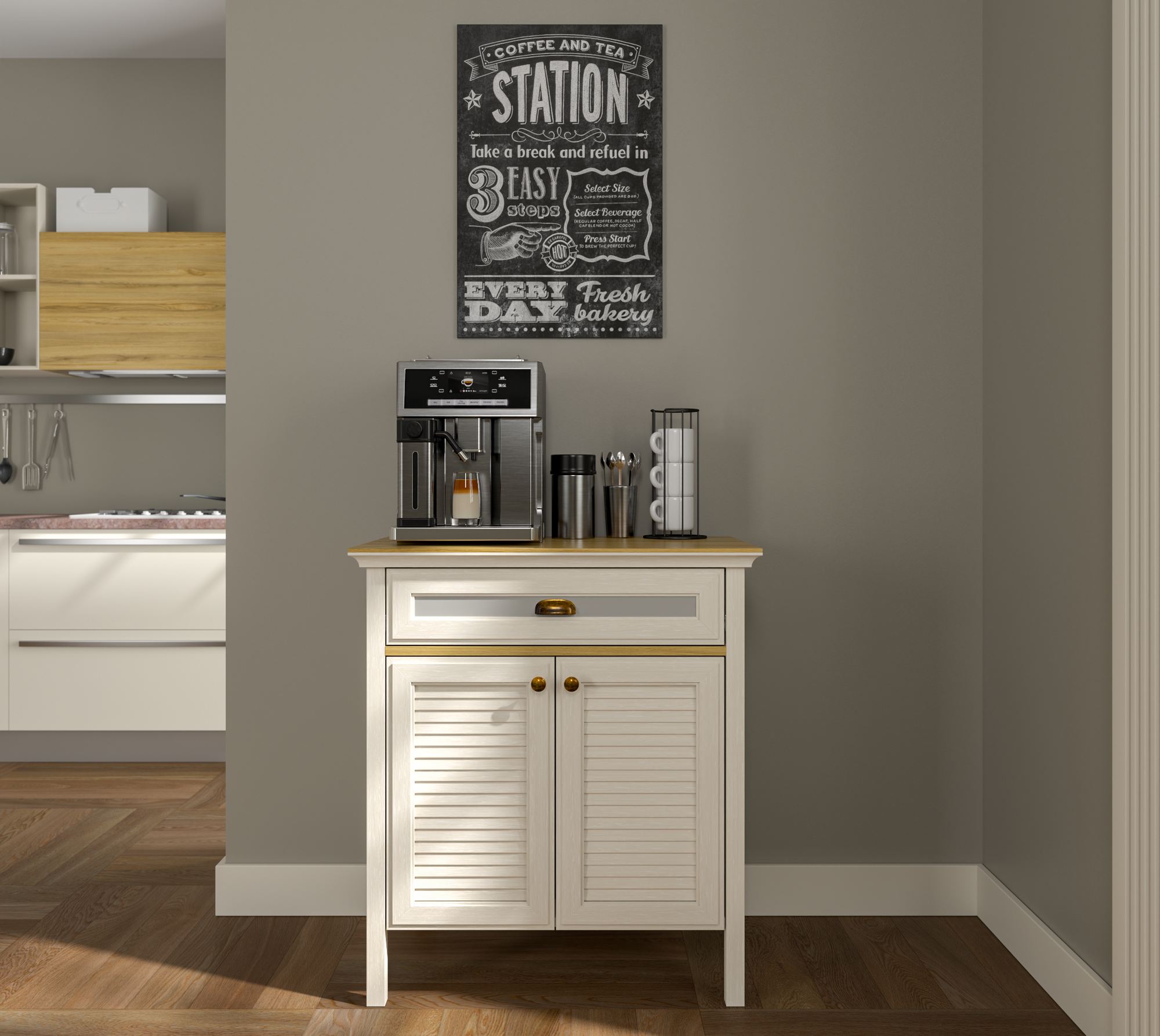 Armário Bar de Café com Prateleiras Múltiplas - 3 Cores Disponíveis, Fixação na Parede, Pernas em MDF